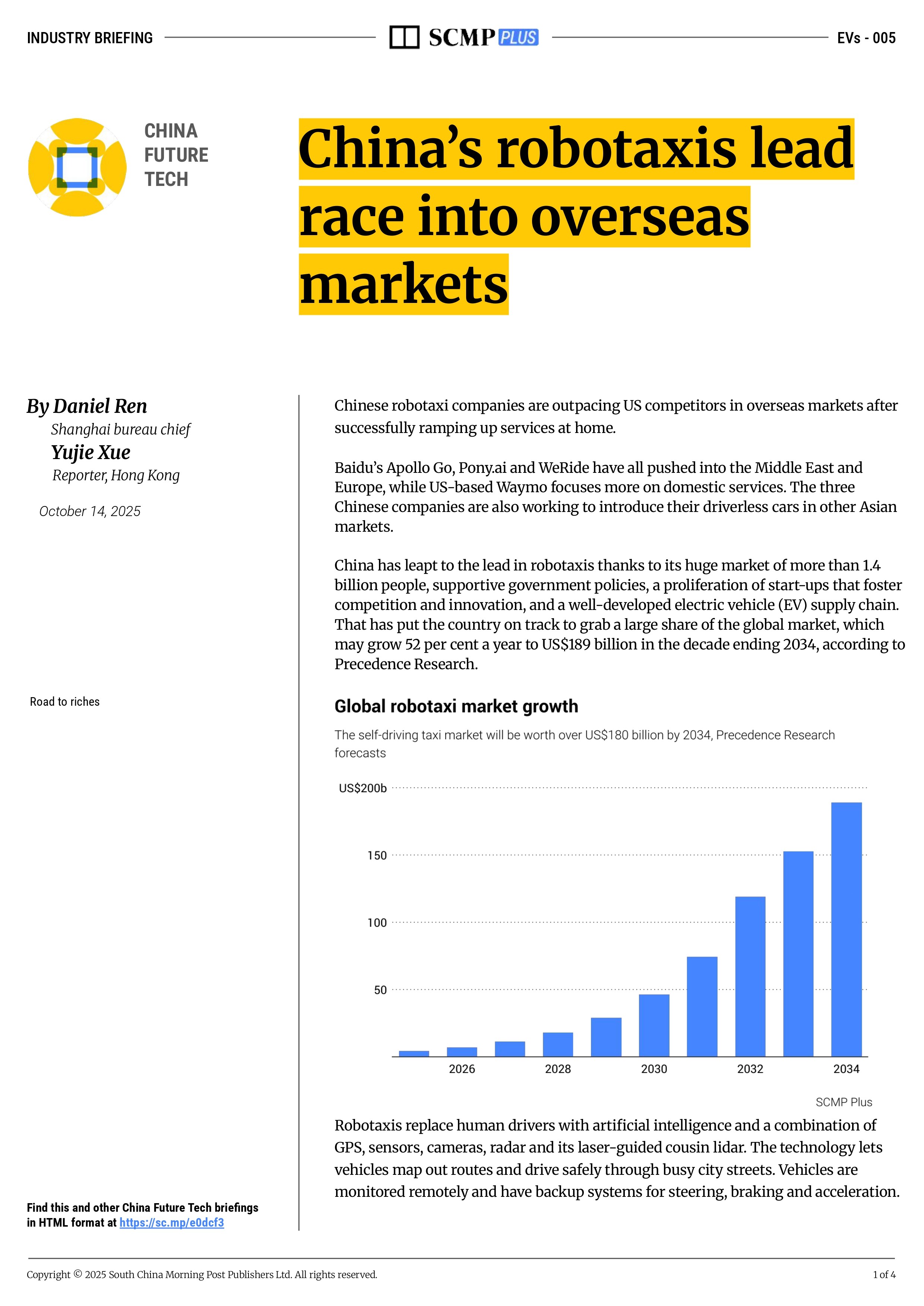 China’s robotaxis lead race into overseas markets