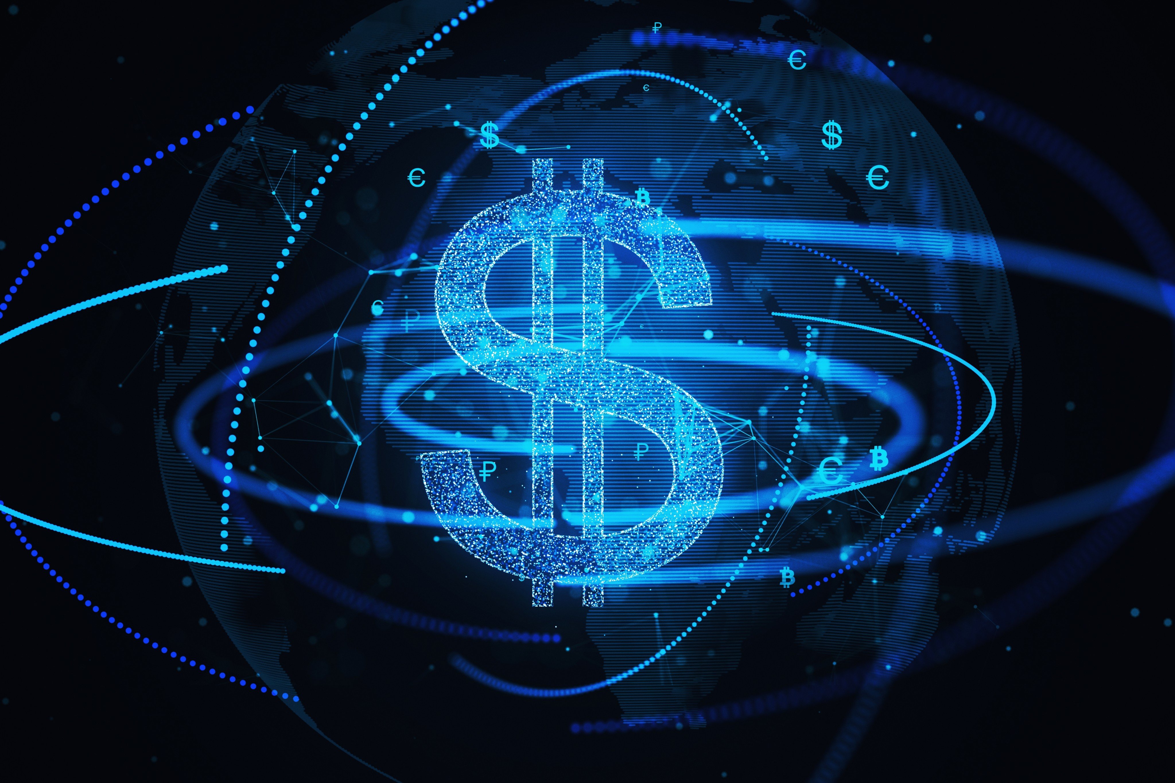 Sparkling blue dollar icon with global currency exchange background. Financial technology concept. 3D Rendering. Photo: Shutterstock Images