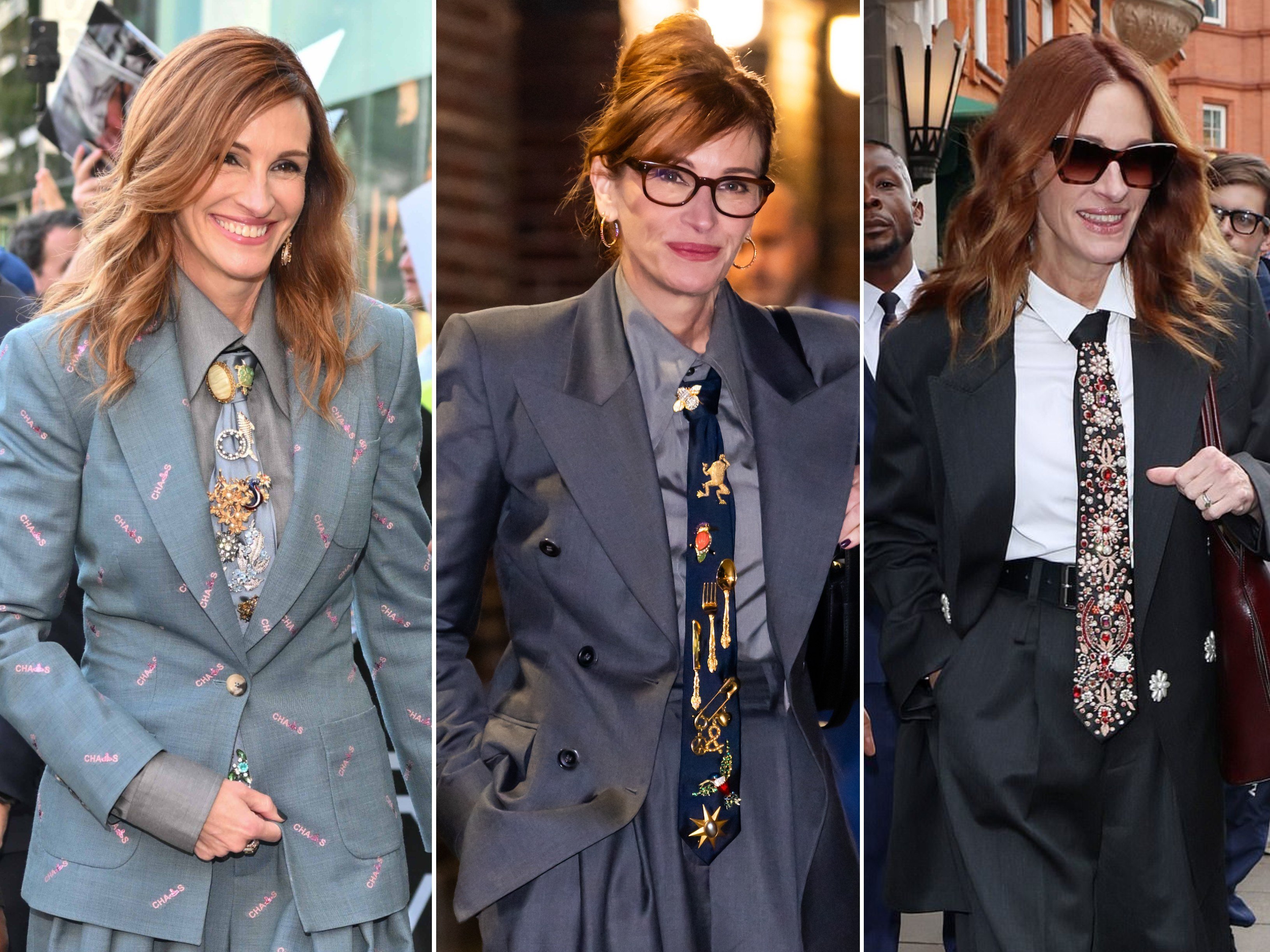 As she promotes her new film After the Hunt, Julia Roberts has been seen in New York and London reviving the androgynous suit-and-tie look she first made iconic at the 1990 Golden Globes. Photos: Getty Images, GC Images, Handout