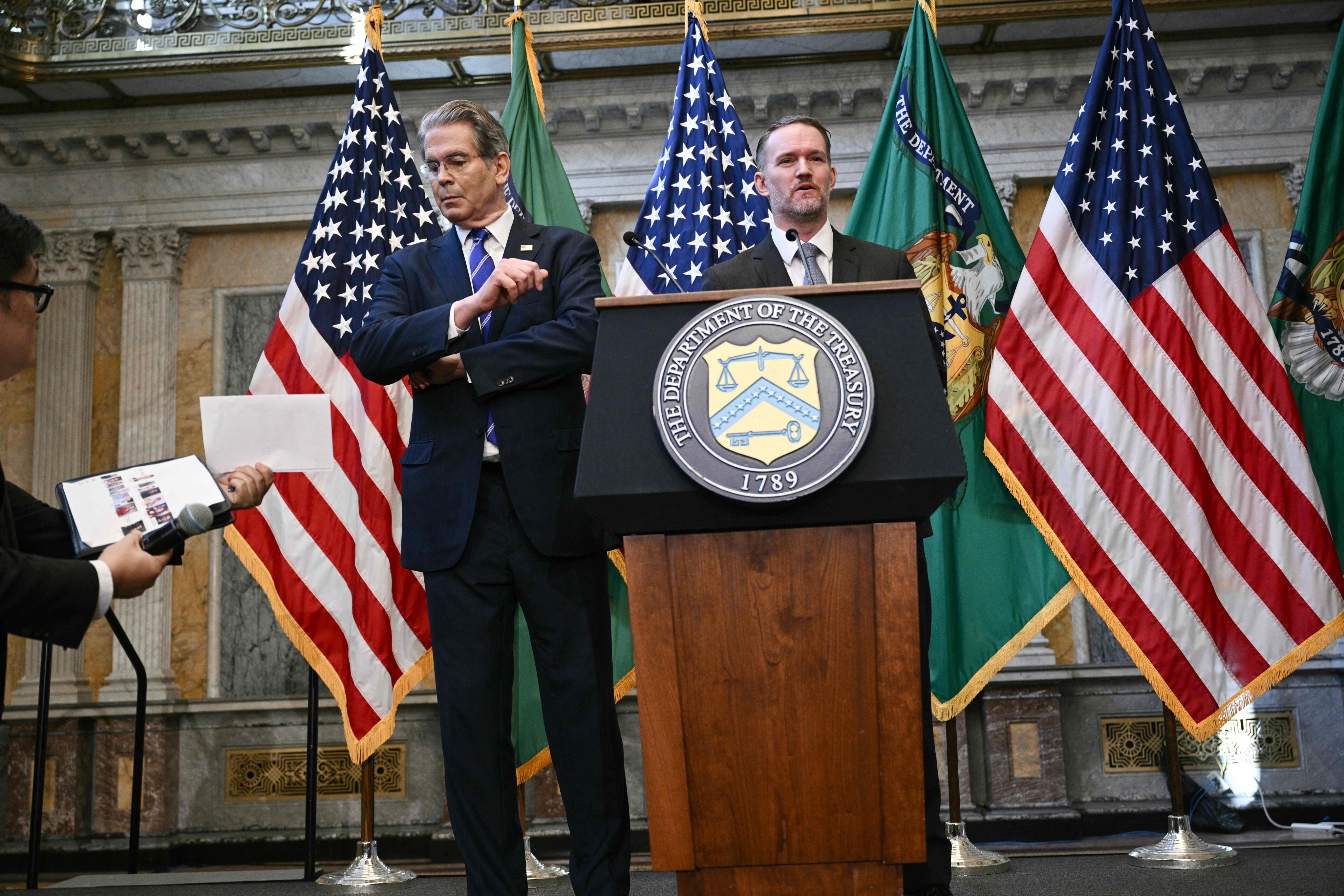 US Treasury Secretary Scott Bessent (left) and US Trade Representative Jamieson Greer answer reporters’ questions at a news conference in Washington on Wednesday. Photo: AFP
