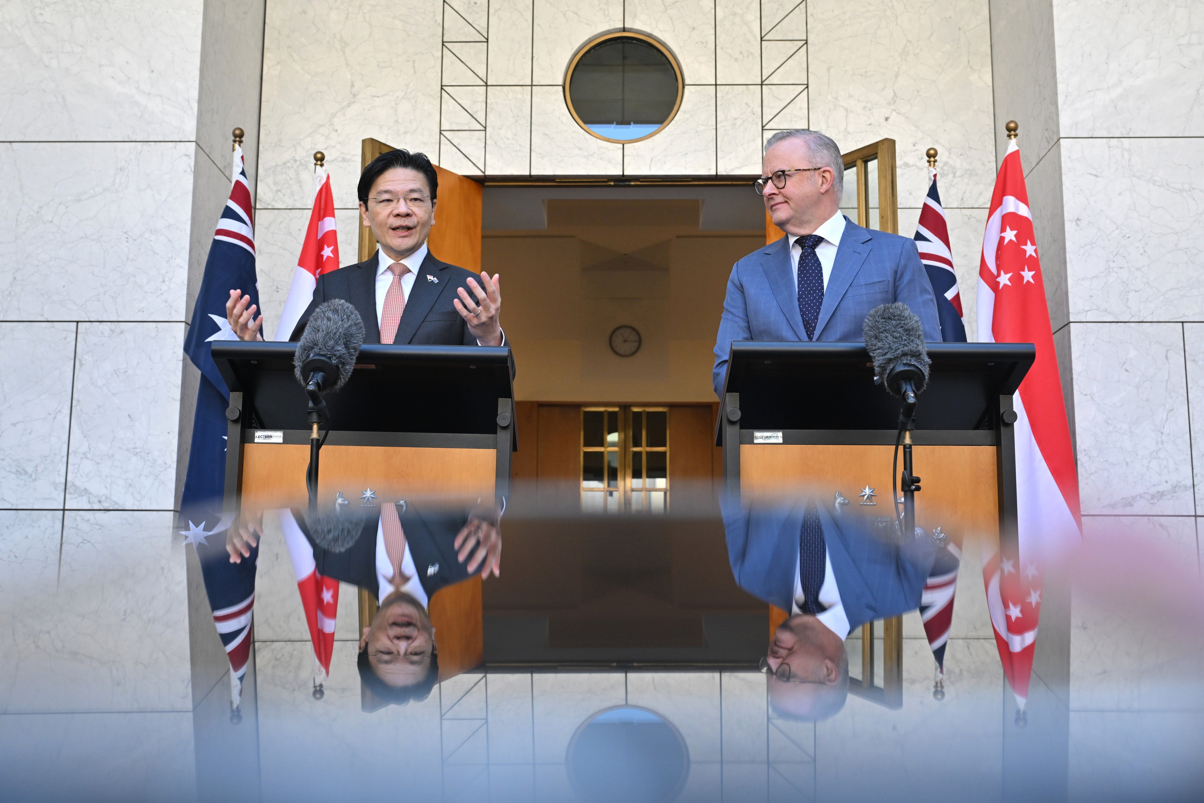 Singaporean Prime Minister Lawrence Wong (left) and Australian Prime Minister Anthony Albanese talk at the 10th Singapore-Australia Annual Leaders’ Meeting, in Canberra, Australia, in October 2025. Singapore plays an important peacekeeping role on the world stage today. Photo: AAP Image via AP