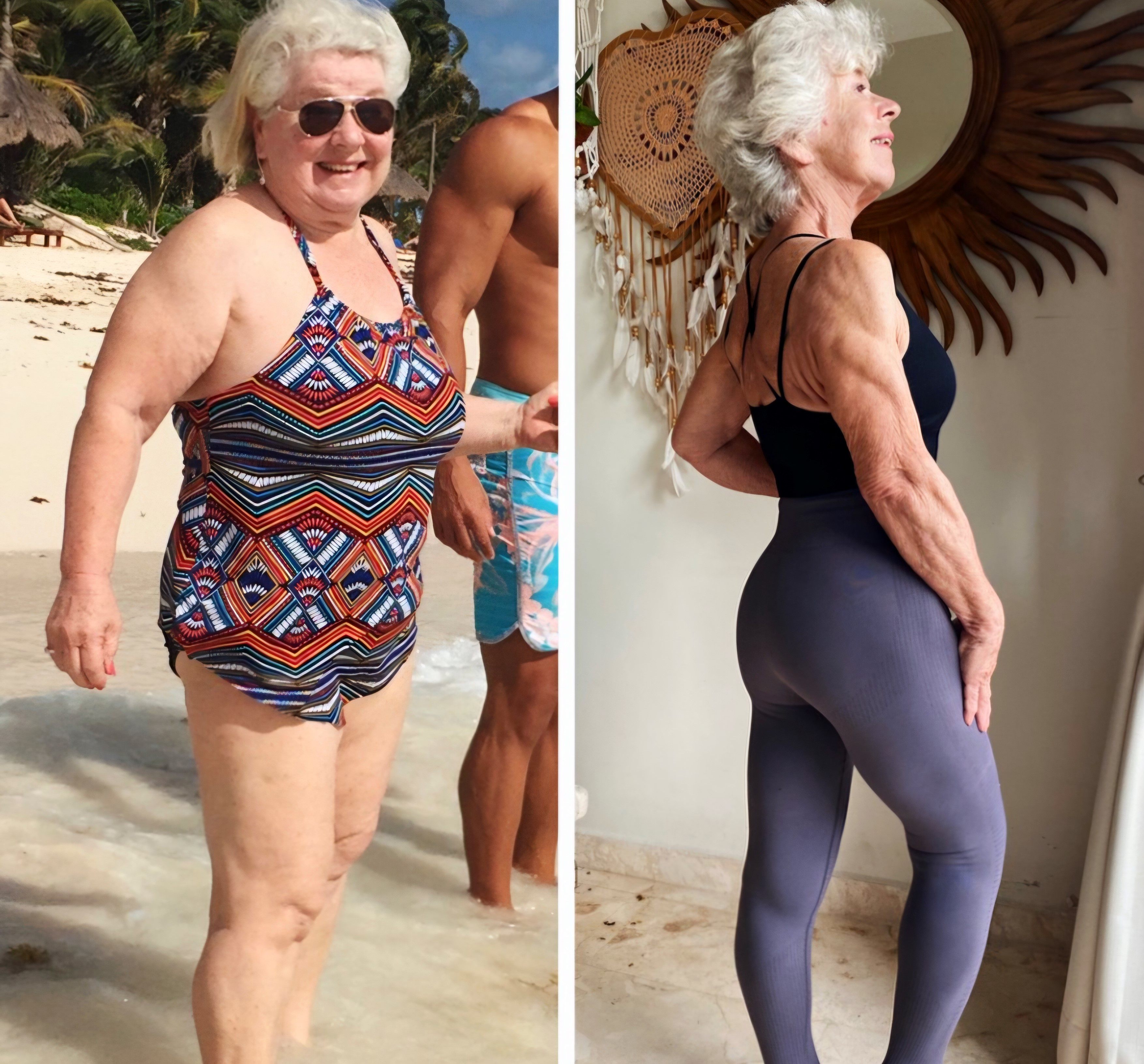 Joan MacDonald took up her daughter Michelle’s challenge to overhaul her lifestyle, dropping from 90kg at the age of 70 (left) to 59kg at 79. Resistance training played a key part. Photo: Joan MacDonald