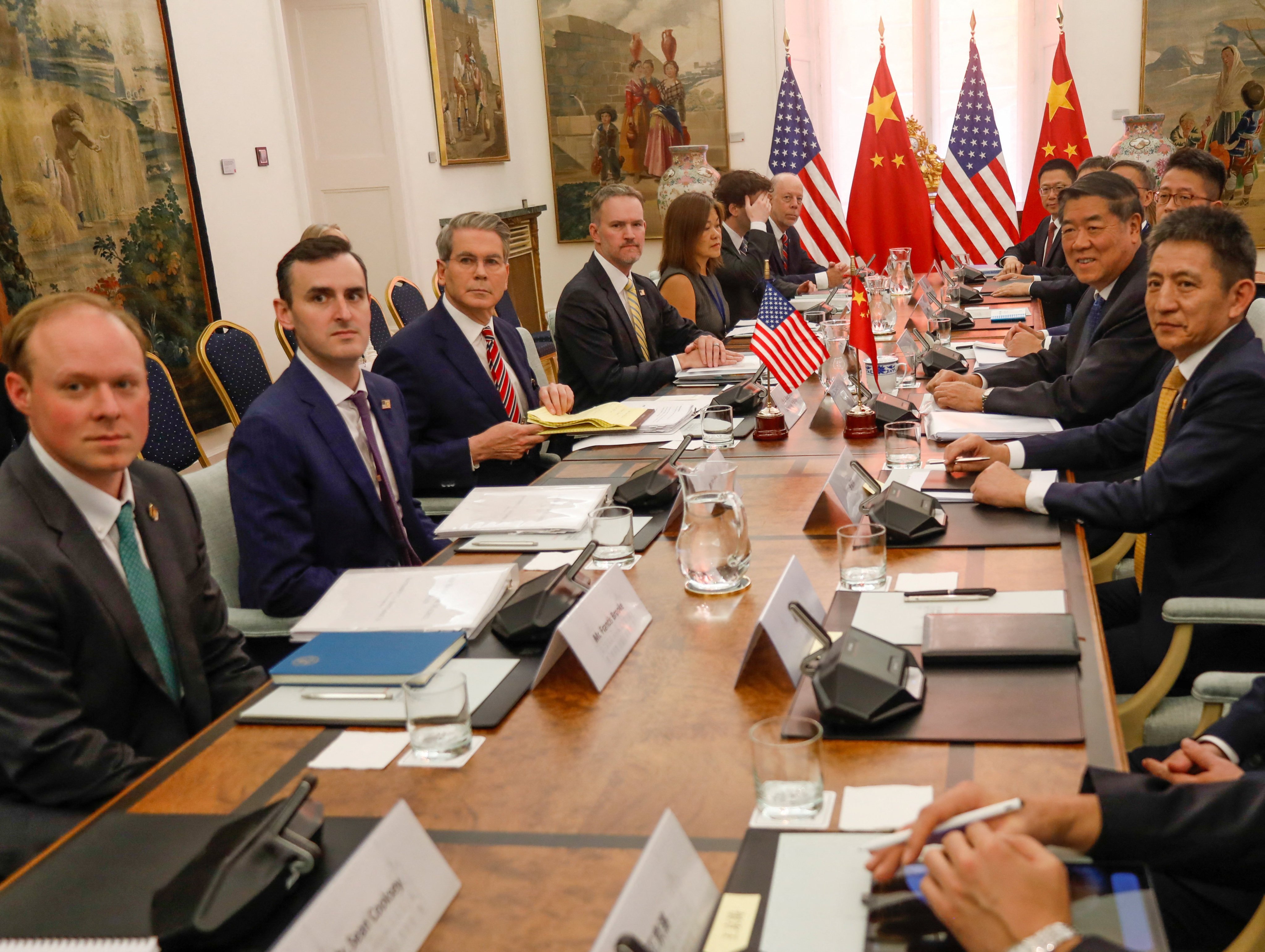 Officials led by US Treasury Secretary Scott Bessent (second from left), US Trade Representative Jamieson Greer (third from left), Chinese Vice Premier He Lifeng (second from right) and Chinese trade negotiator Li Chenggang (right) meet to discuss trade in Madrid on September 14. Photo: United States Treasury/Reuters