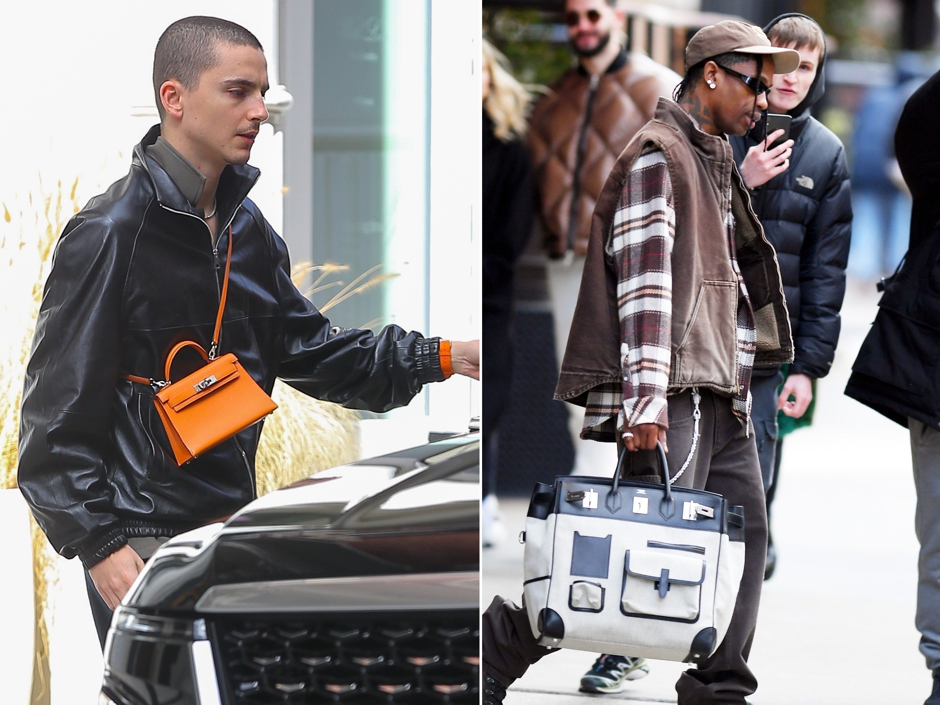 Timothée Chalamet with his orange Mini Kelly; Travis Scott with his Birkin Cargo HAC 40. Photos: Ulices Ramales; JosiahW/Backgrid