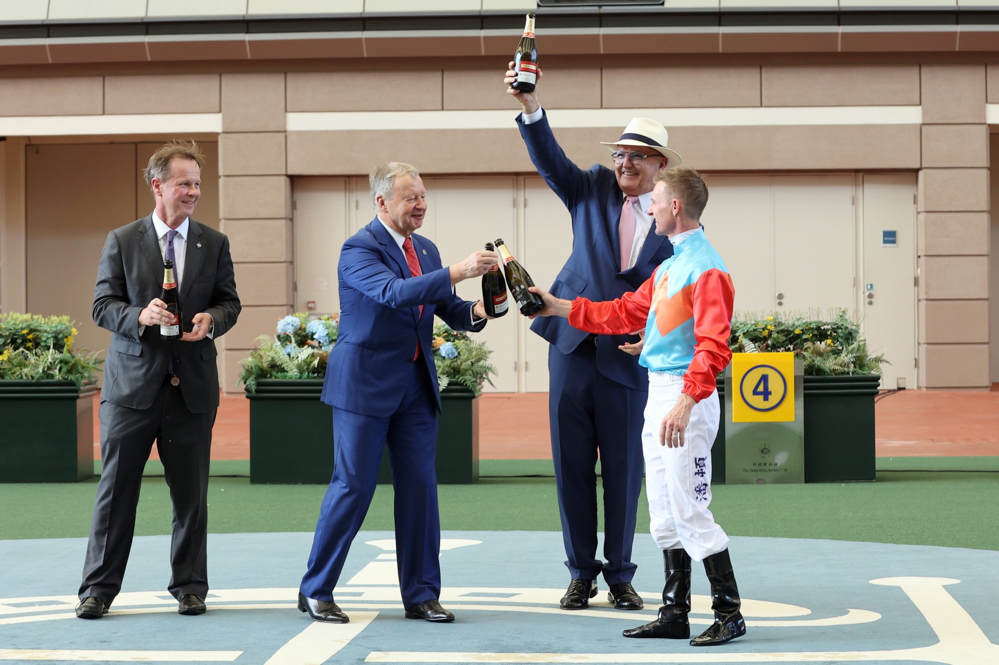 Andrew Harding, Winfried Engelbrecht-Bresges, David Hayes and Zac Purton at the Ka Ying Rising ceremony at Sha Tin. Photo: HKJC