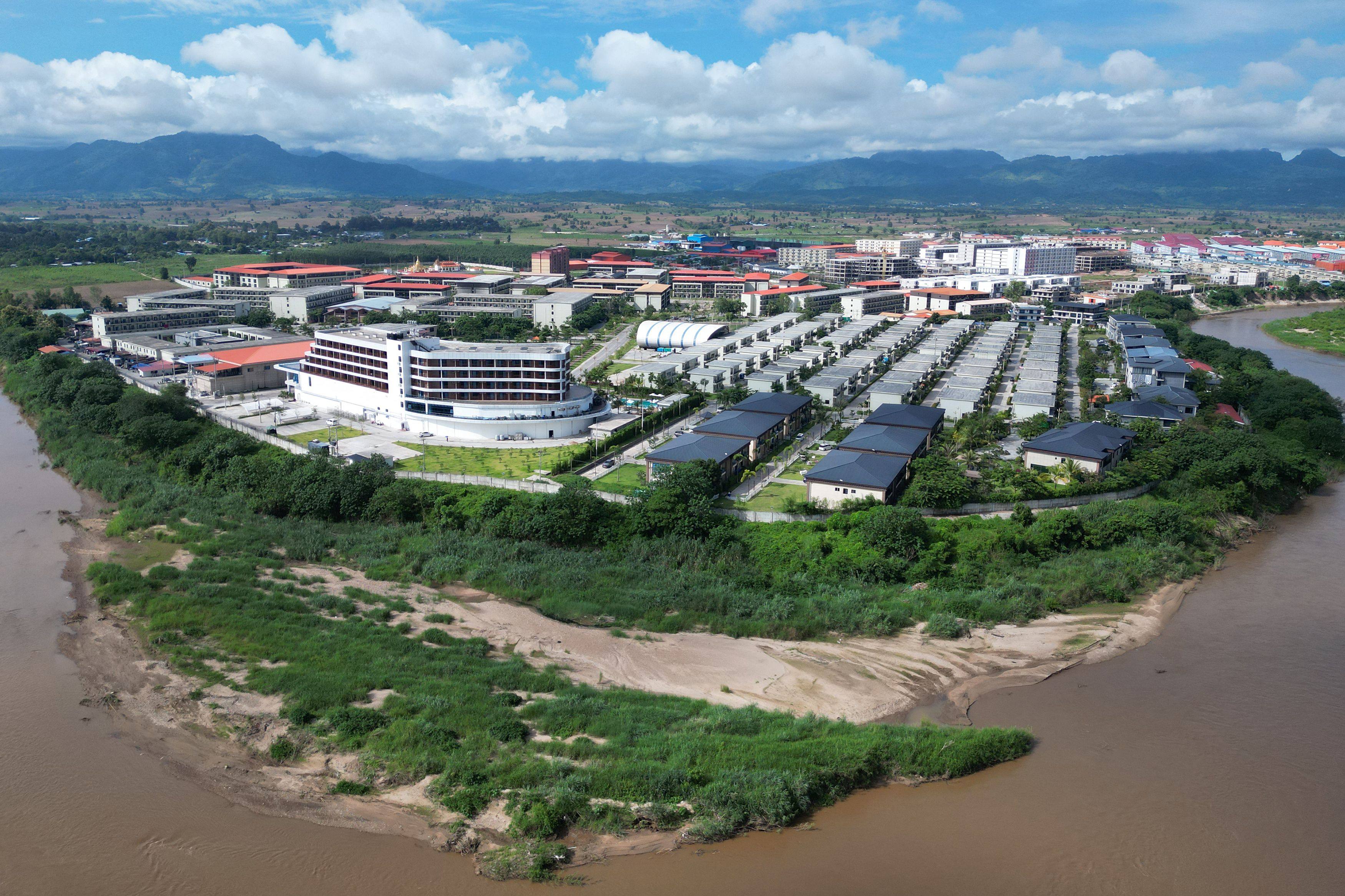 The KK Park complex in Myanmar’s eastern Myawaddy township, as pictured from Mae Sot district in Thailand. Photo: AFP