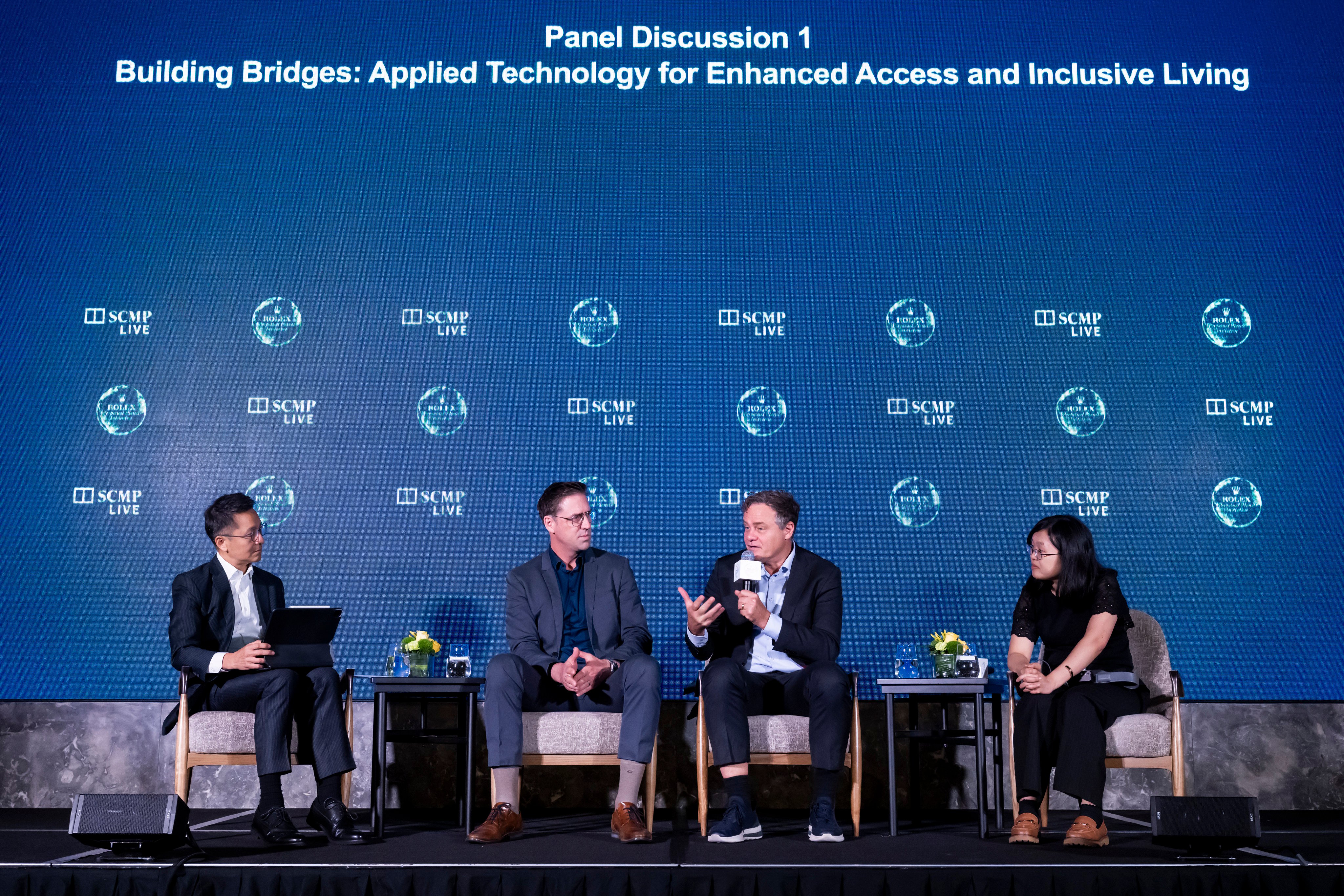 Professor Mark Kendall (second right) makes a point during the panel discussion, titled “Building Bridges: Applied Technology for Enhanced Access and Inclusive Living”, alongside Professor Albert Ko (far left), co-founder of Insight Robotics, Rolex Laureate Felix Brooks-church (second left) and Dr Florence Chan, co-founder and CEO of AI Guided, during the Rolex “Towards Our Perpetual Planet” conference.