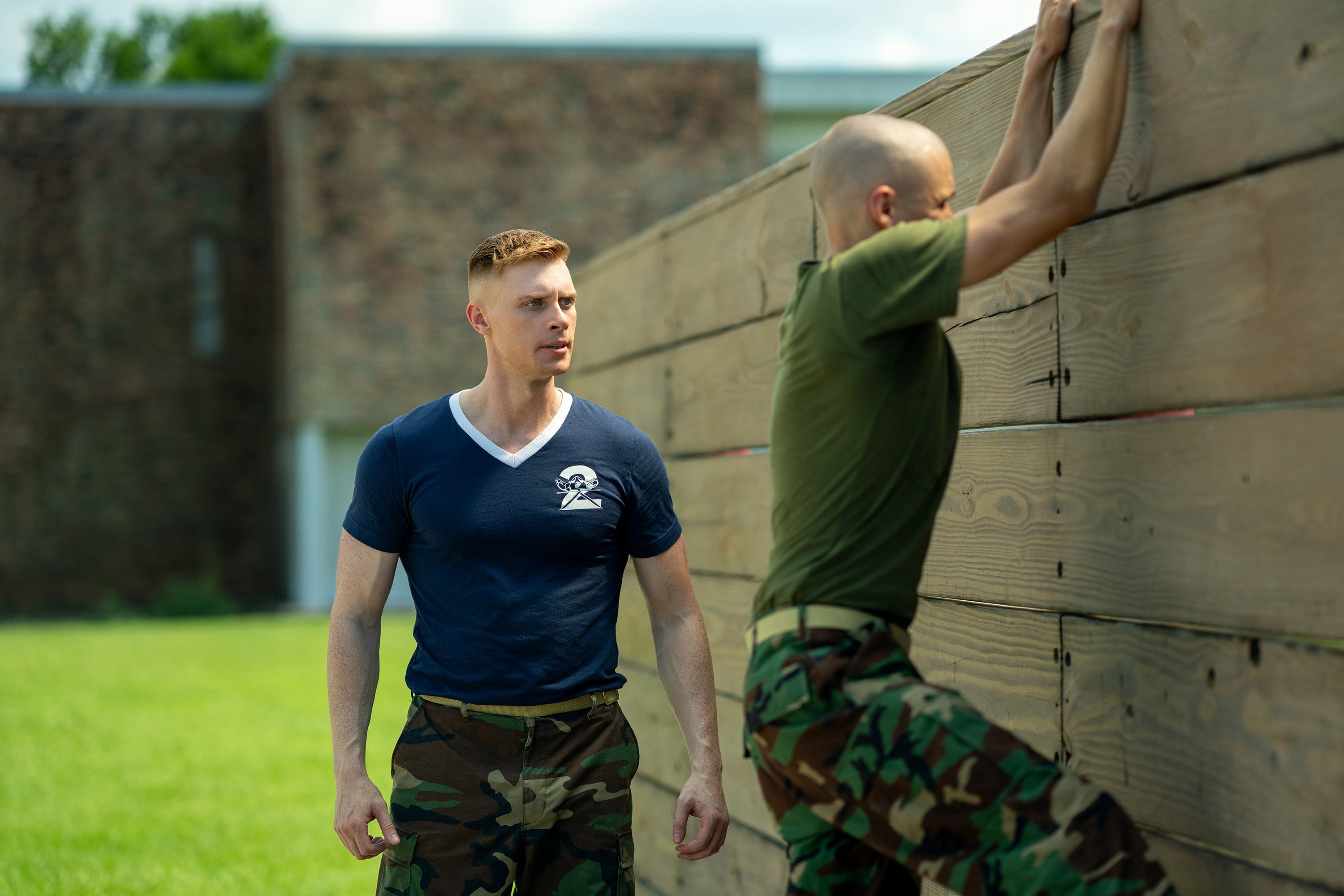Sergeant Sullivan (Max Parker, left) is one of the drill instructors who takes an interest in Cameron in Boots. Photo: TNS