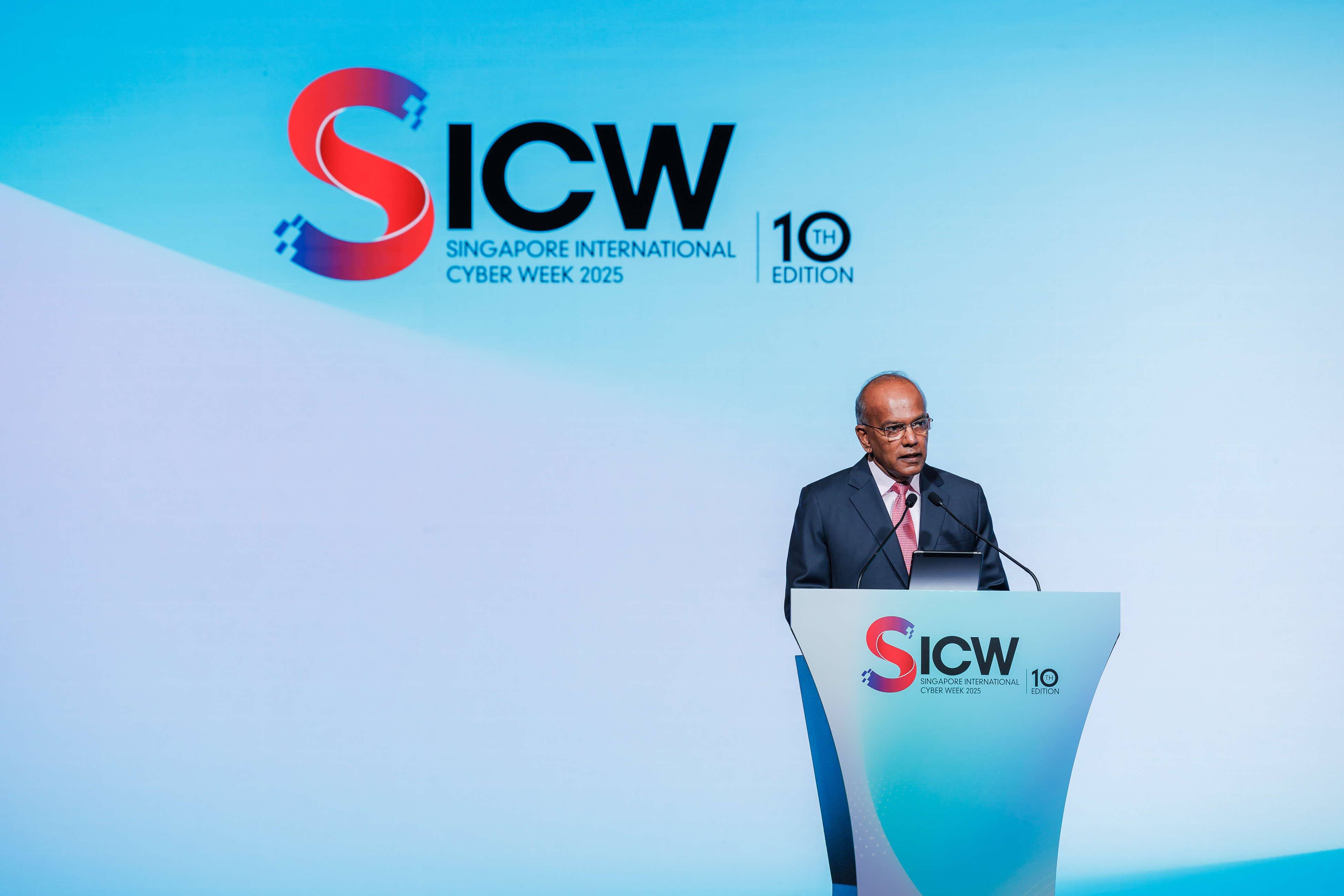 Singapore’s Coordinating Minister for National Security and Minister for Home Affairs K Shanmugam during the opening address of the Singapore International Cyber Week on Tuesday. Photo: Singapore International Cyber Week