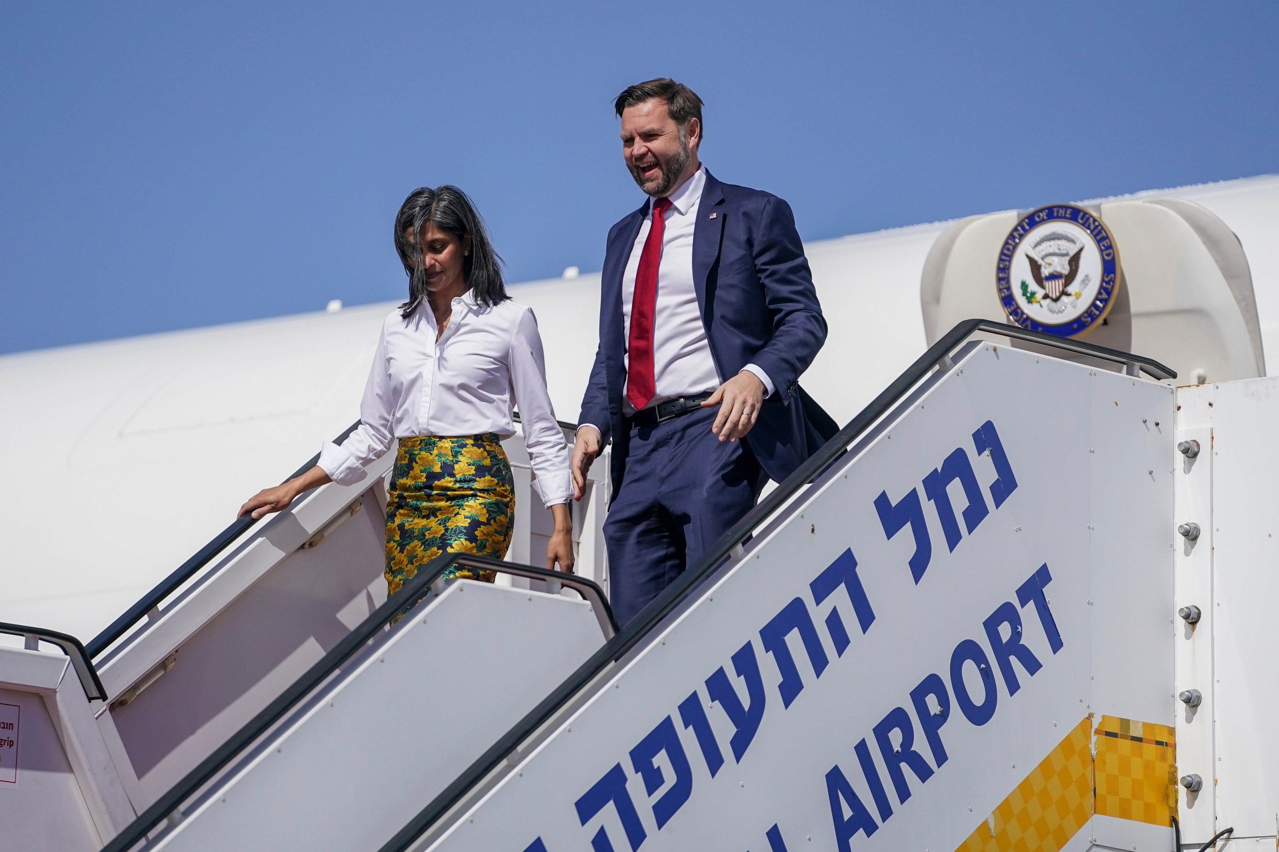 US Vice President J.D. Vance (right) and Second Lady Usha Vance arrive in Tel Aviv, Israel on Tuesday. Photo: AP