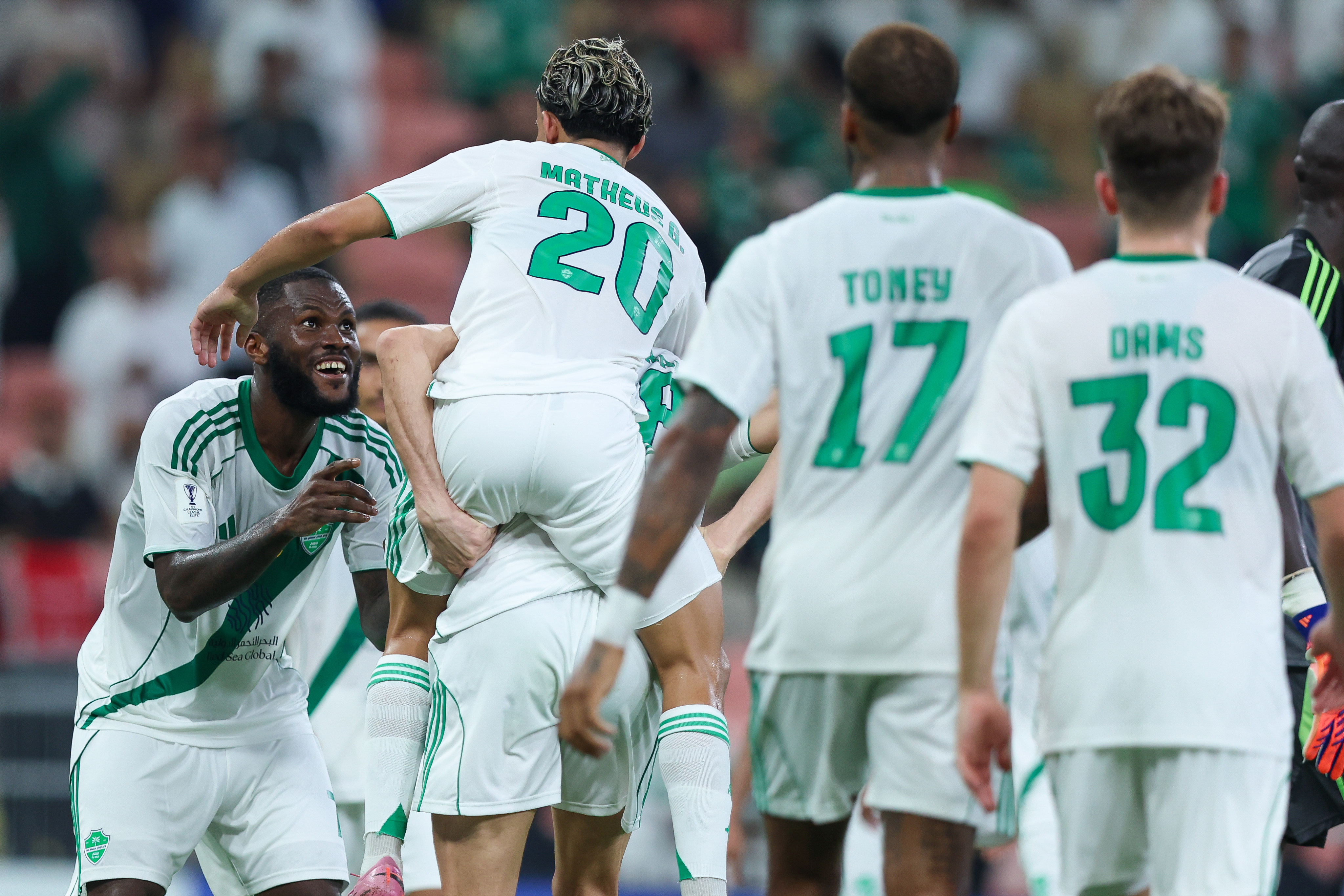 Franck Kessie (left) celebrates after scoring Al-Ahli’s second goal in the AFC Champions League Elite victory over Al-Gharafa. Photo: Getty Images