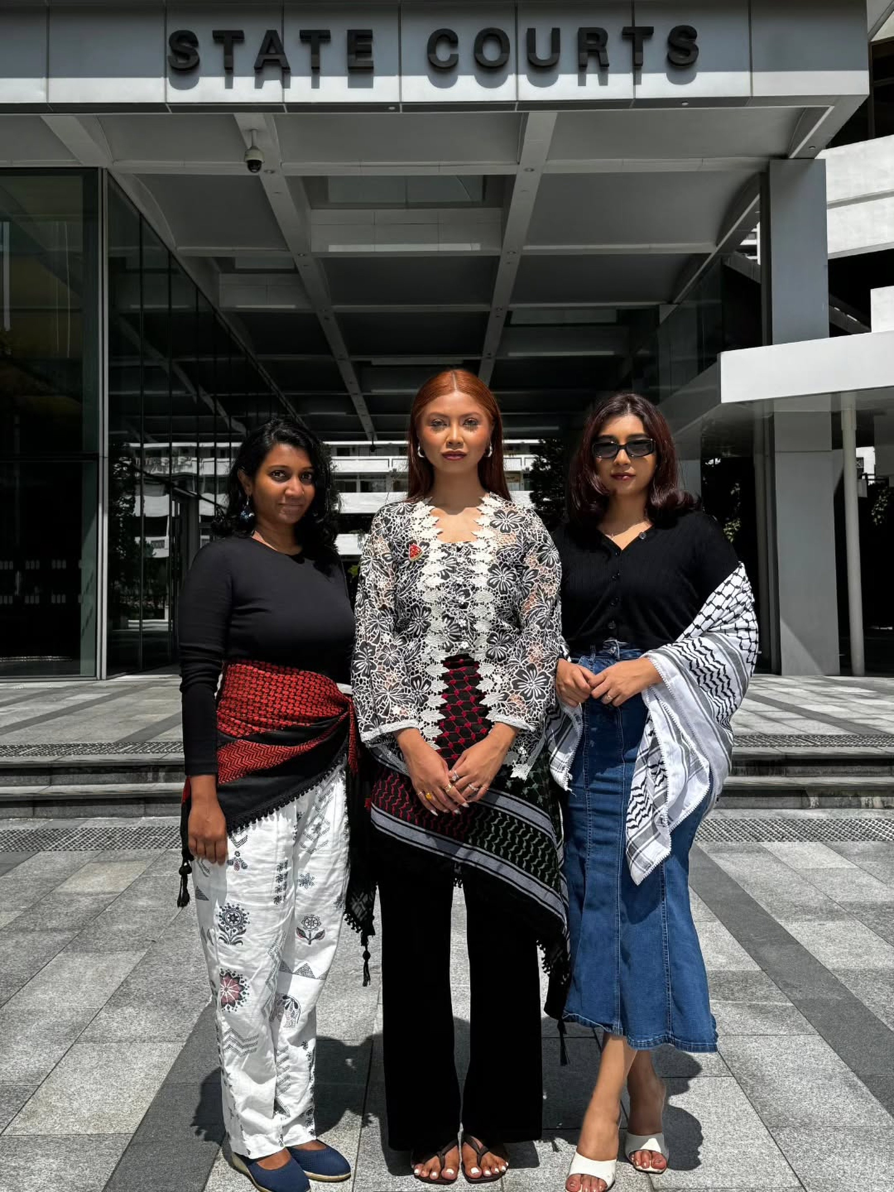 (From left) Annamalai Kokila Parvathi, Siti Amirah Mohamed Asrori and Mossammad Sobikun Nahar have been acquitted after trying to deliver letters to the Istana demanding changes to the country’s stance on Israel. Photo: Instagram/sgacadboycott