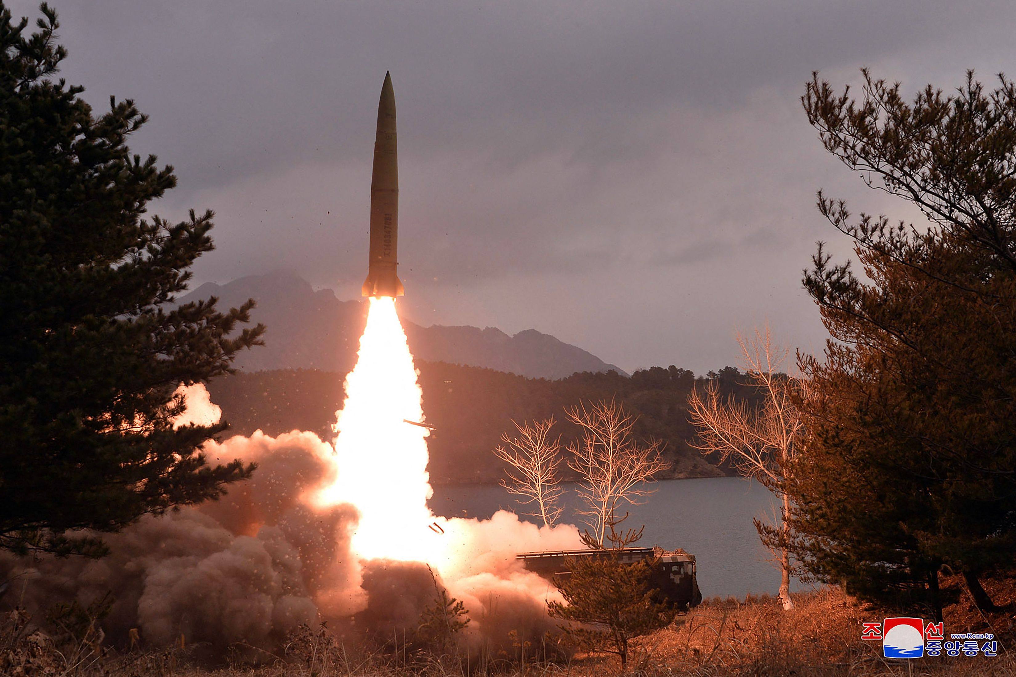 A short-range missile is launched from an undisclosed location in North Korea in 2023. Wednesday’s launch was presumed to be of a Hwasong-11da-4.5. Photo: KCNA/KNS/AFP