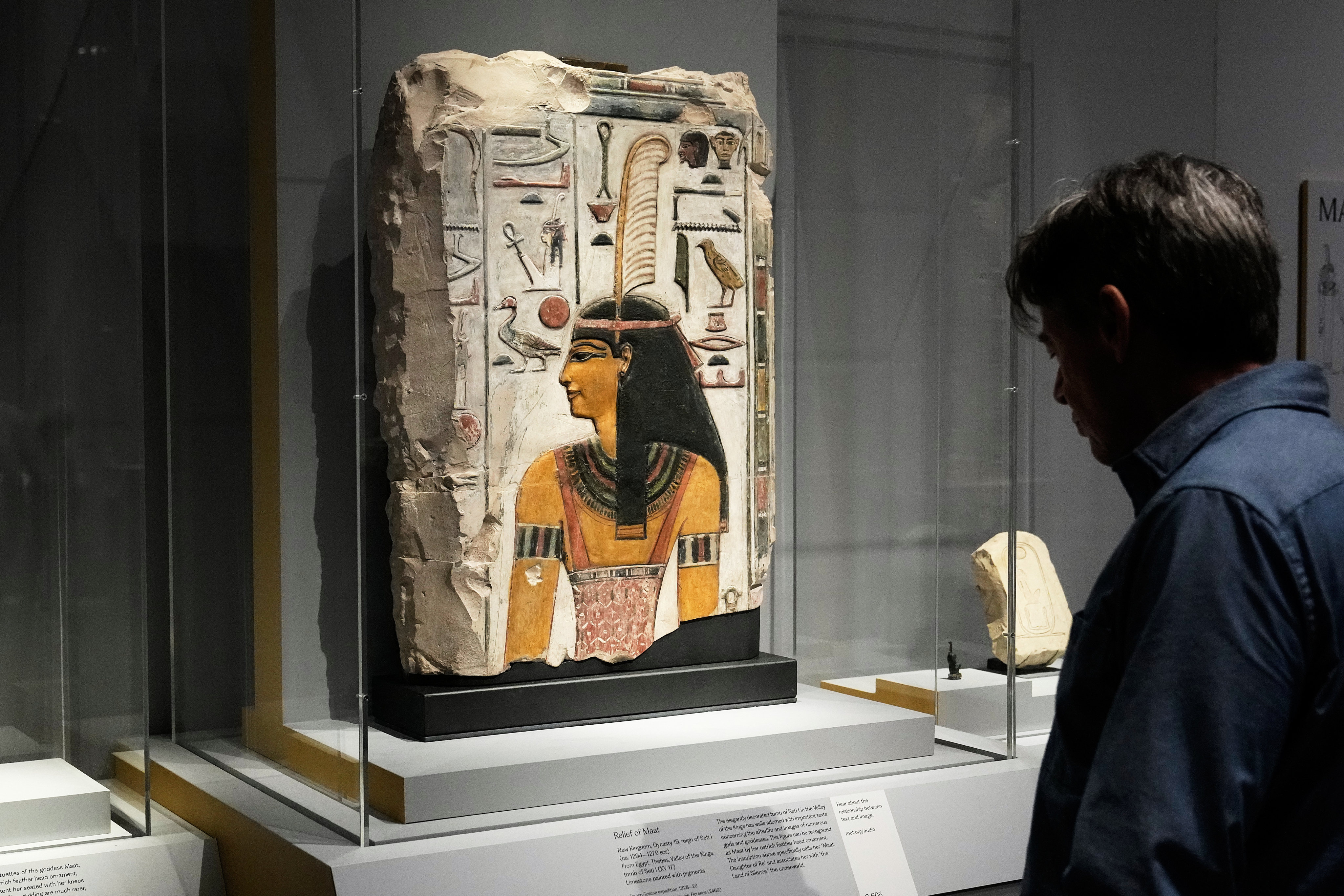 A relief of the Egyptian goddess Maat is displayed in the “Divine Egypt” exhibition at the Metropolitan Museum of Art, in New York, on October 14, 2025. Photo: AP