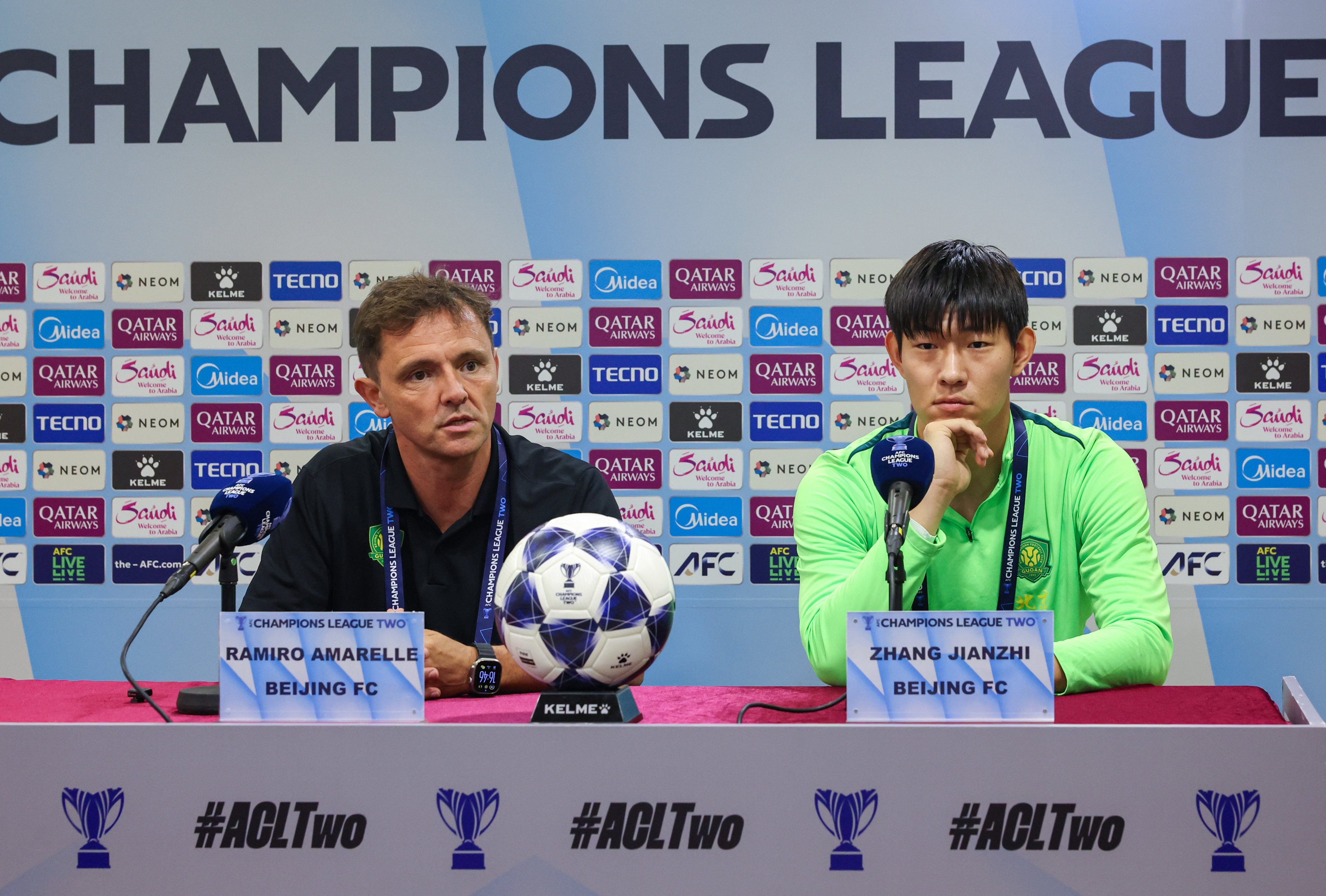 Beijing Guoan’s caretake manager Ramiro Amarelle (left) and Zhang Jianzhi at a press conference ahead of Thursday’s game against Tai Po. Photo: Dickson Lee