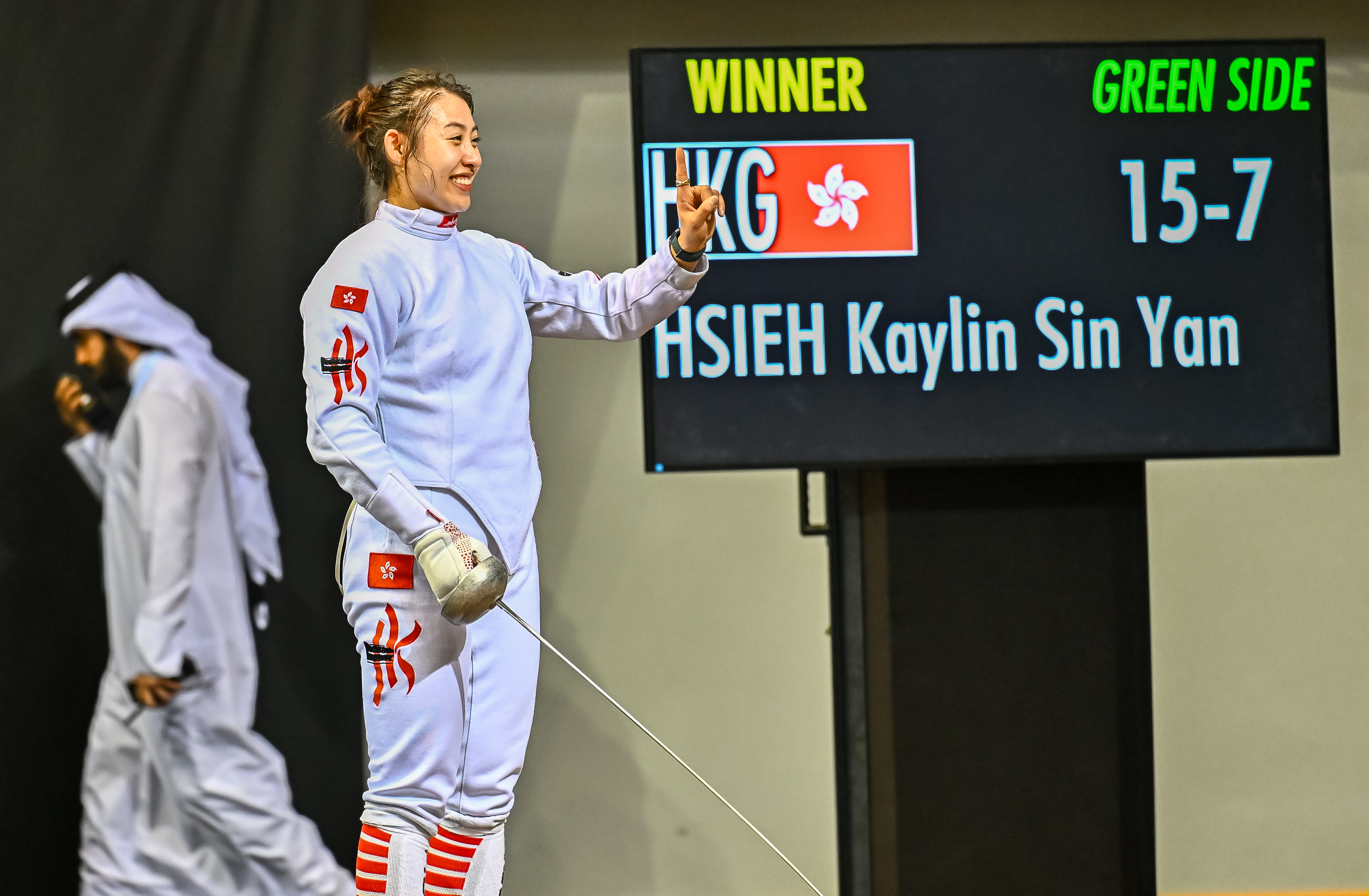 Kaylin Hsieh winning her first gold medal on the fencing tour by beating Nelli Differt of Estonia at the Doha Grand Prix in January. Photo: Getty Images