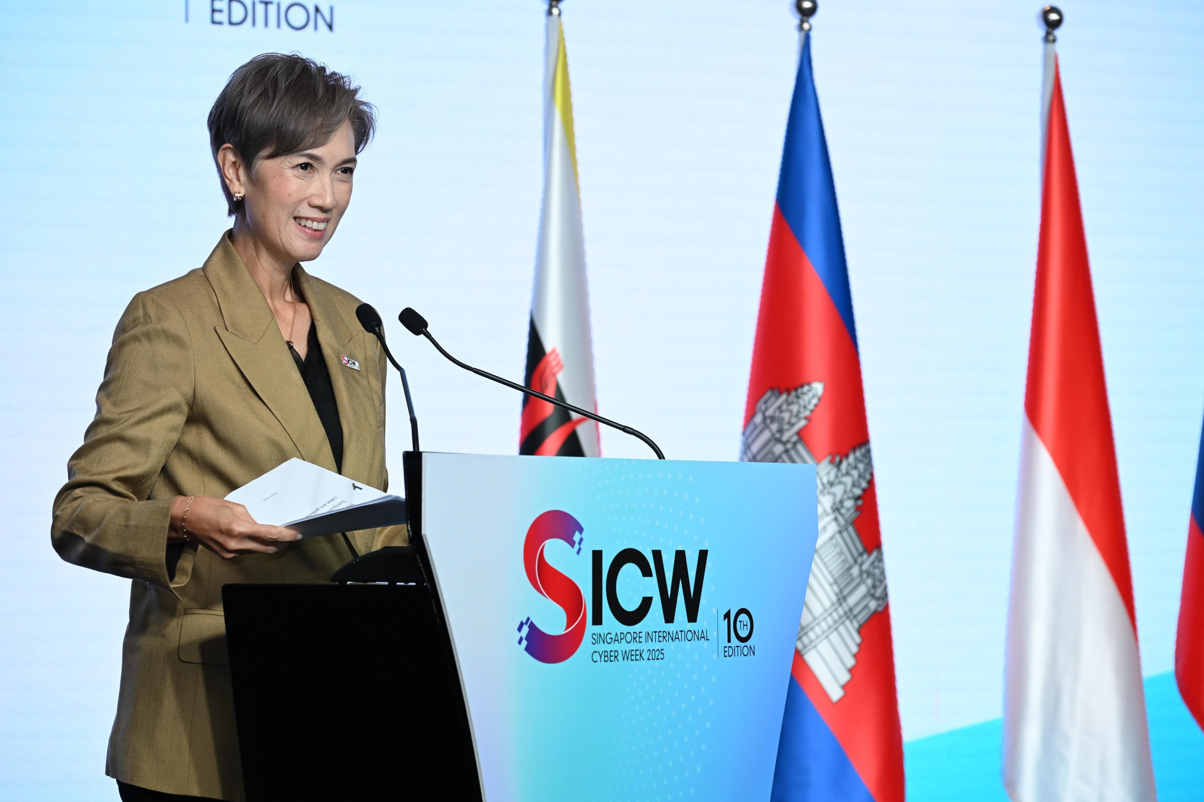 Singapore’s Minister for Digital Development and Information Josephine Teo speaking at the Singapore International Cyber Week on Wednesday. Photo: Ministry of Digital Development and Information of Singapore