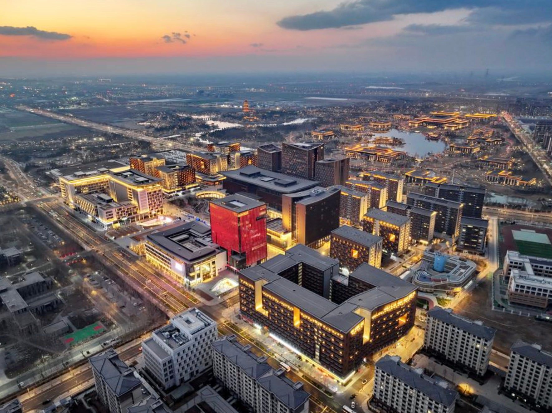 An aerial drone photo taken on March 15 shows a night view of the Xiongan business service centre in Xiongan New Area, north China’s Hebei province. Photo: Xinhua