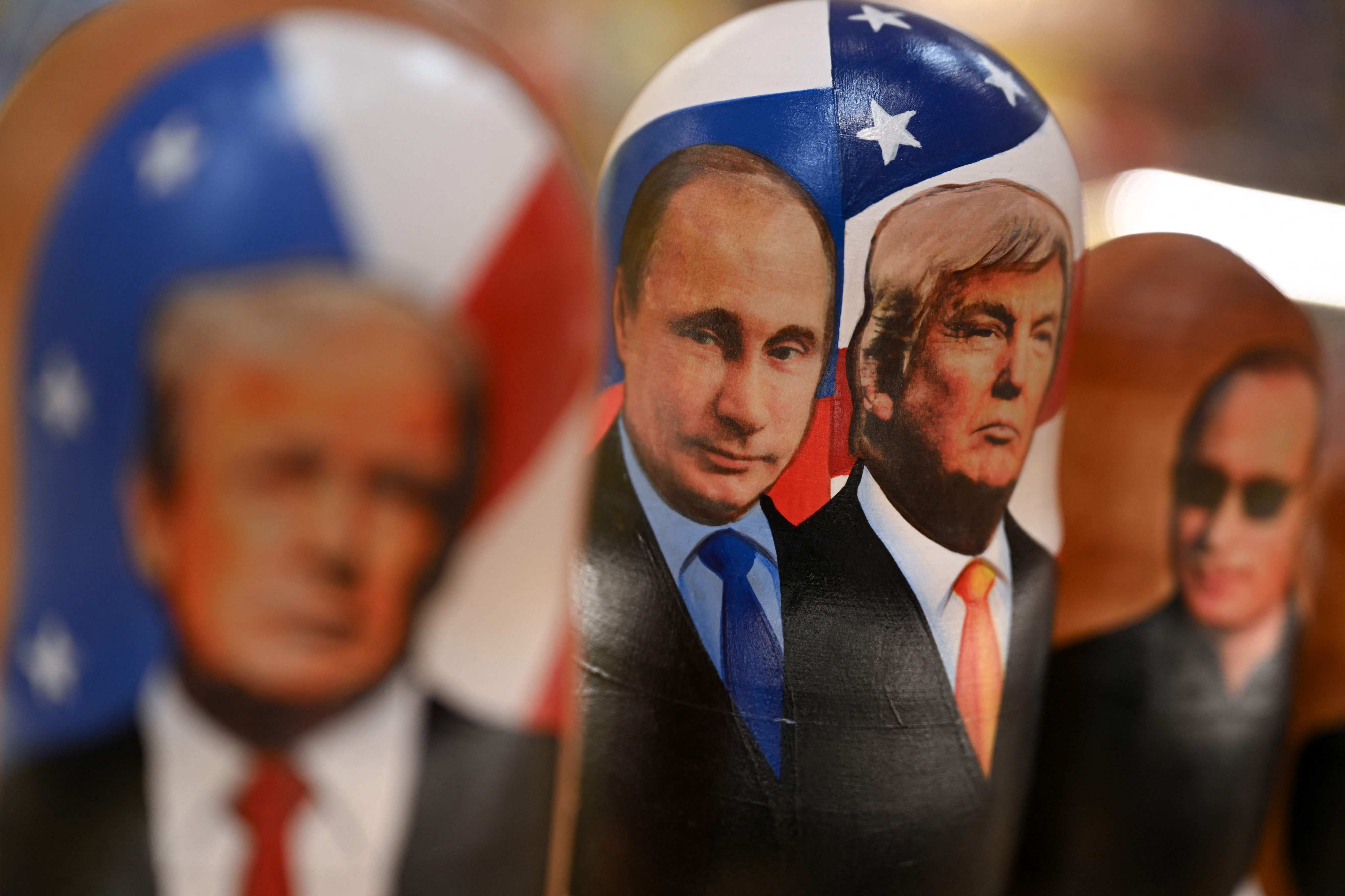 Matryoshka dolls depicting Russian President Vladimir Putin and US President Donald Trump at a gift shop in Moscow. Photo: AFP