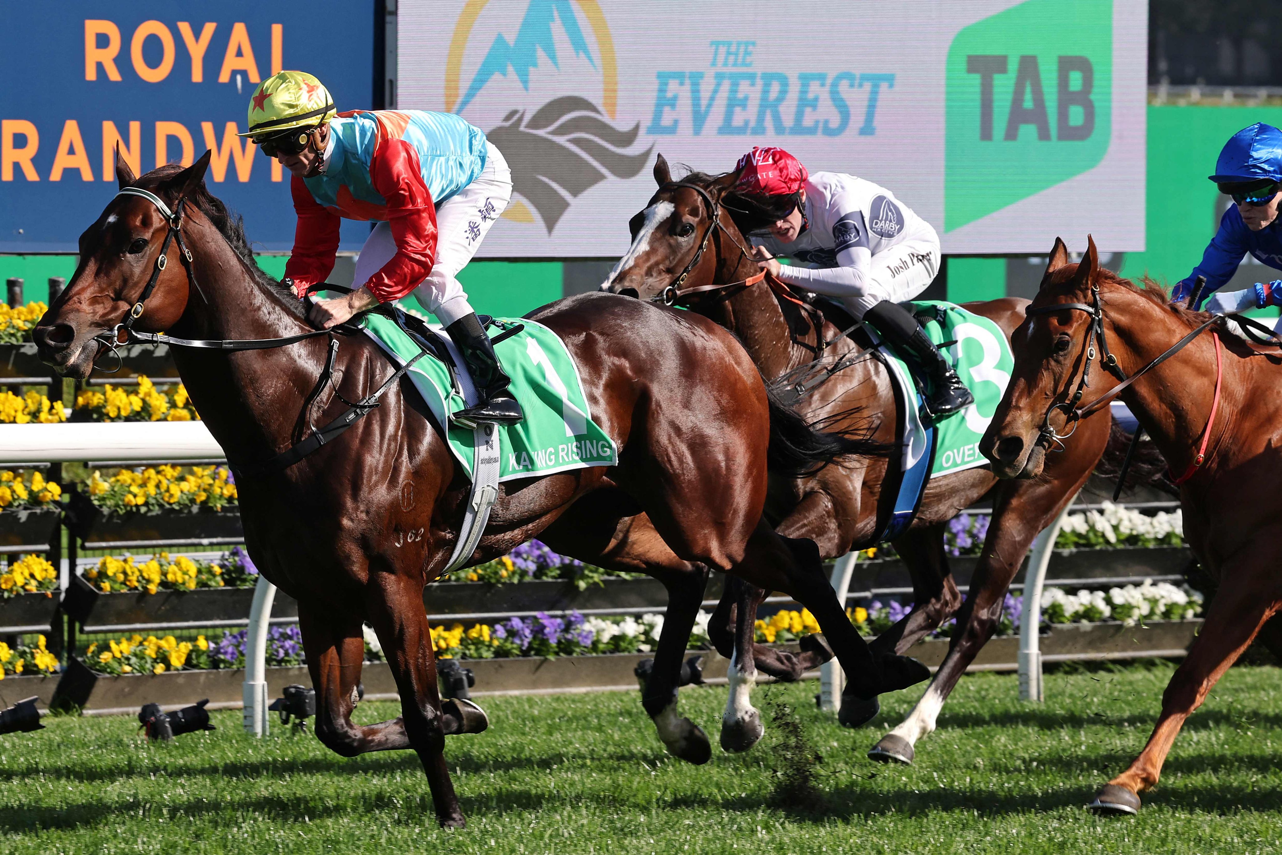 Ka Ying Rising (left), ridden by jockey Zac Purton, wins The Everest 2025 race at the Royal Randwick racecourse in Sydney on October 18. Photo: AFP