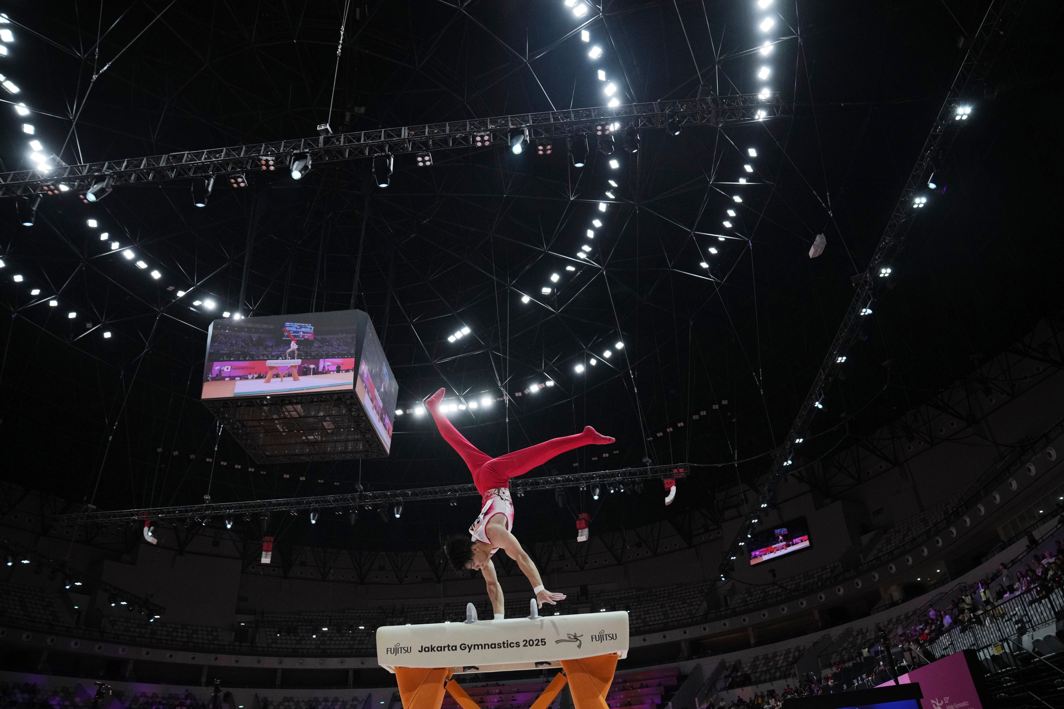 Daiki Hashimoto of Japan competes in the men’s all-around final during the 53rd Artistic Gymnastics World Championships in Jakarta. Photo: AP