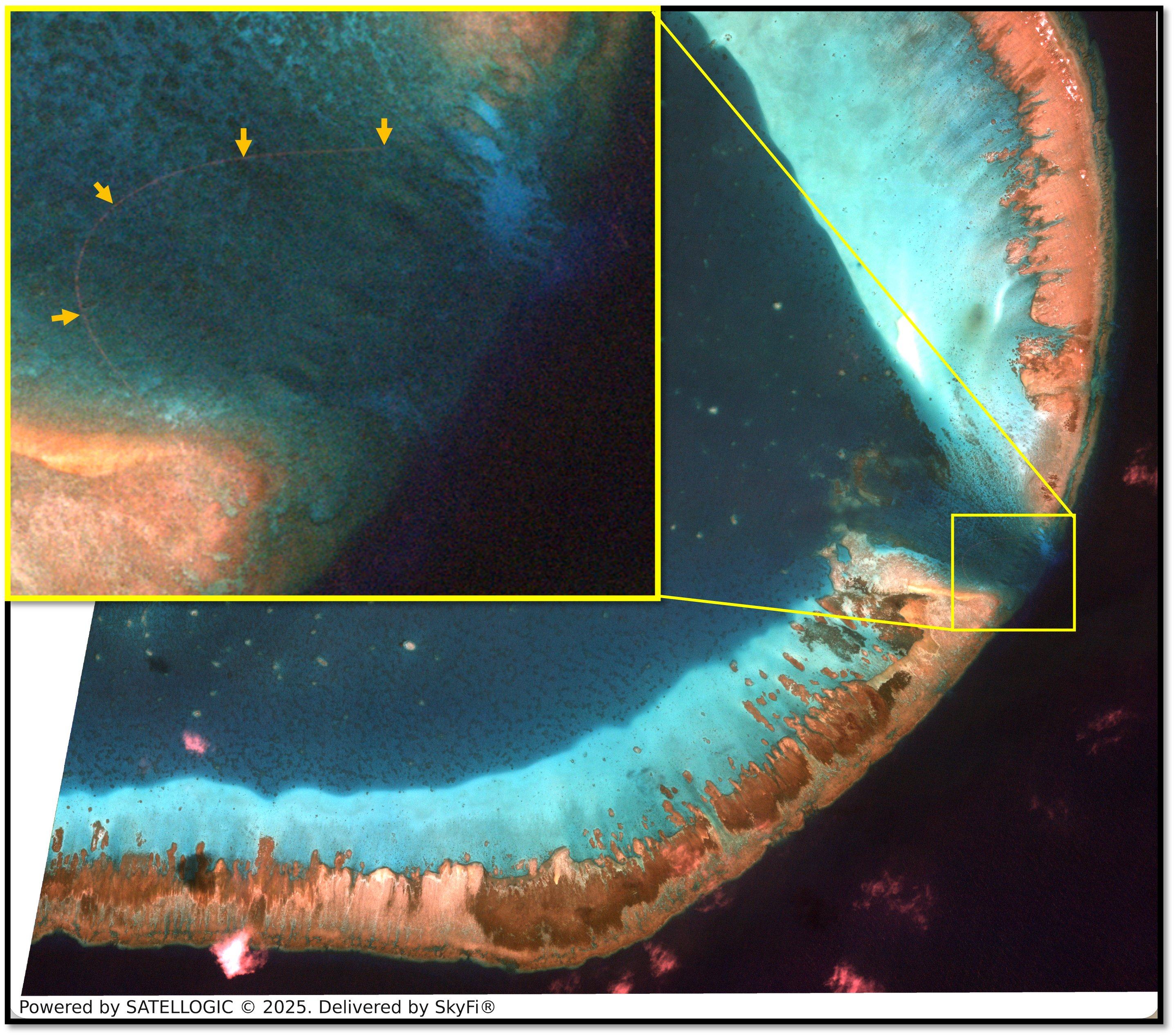 This satellite image obtained by Satellogic and distributed by SkyFi shows what appears to be a man-made barrier blocking the entrance to the lagoon at the Scarborough Shoal – known as Huangyan Island in China and Panatag Shoal in the Philippines – an atoll in the South China Sea that is claimed by both the Philippines and China. Photo: Satellogic via SkyFi