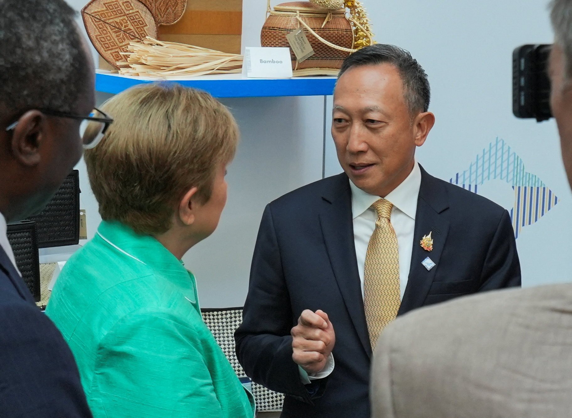 IMF Managing Director Kristalina Georgieva (left) speaks with Thailand’s Deputy Finance Minister Vorapak Tanyawong in Washington earlier this month. Photo: Reuters