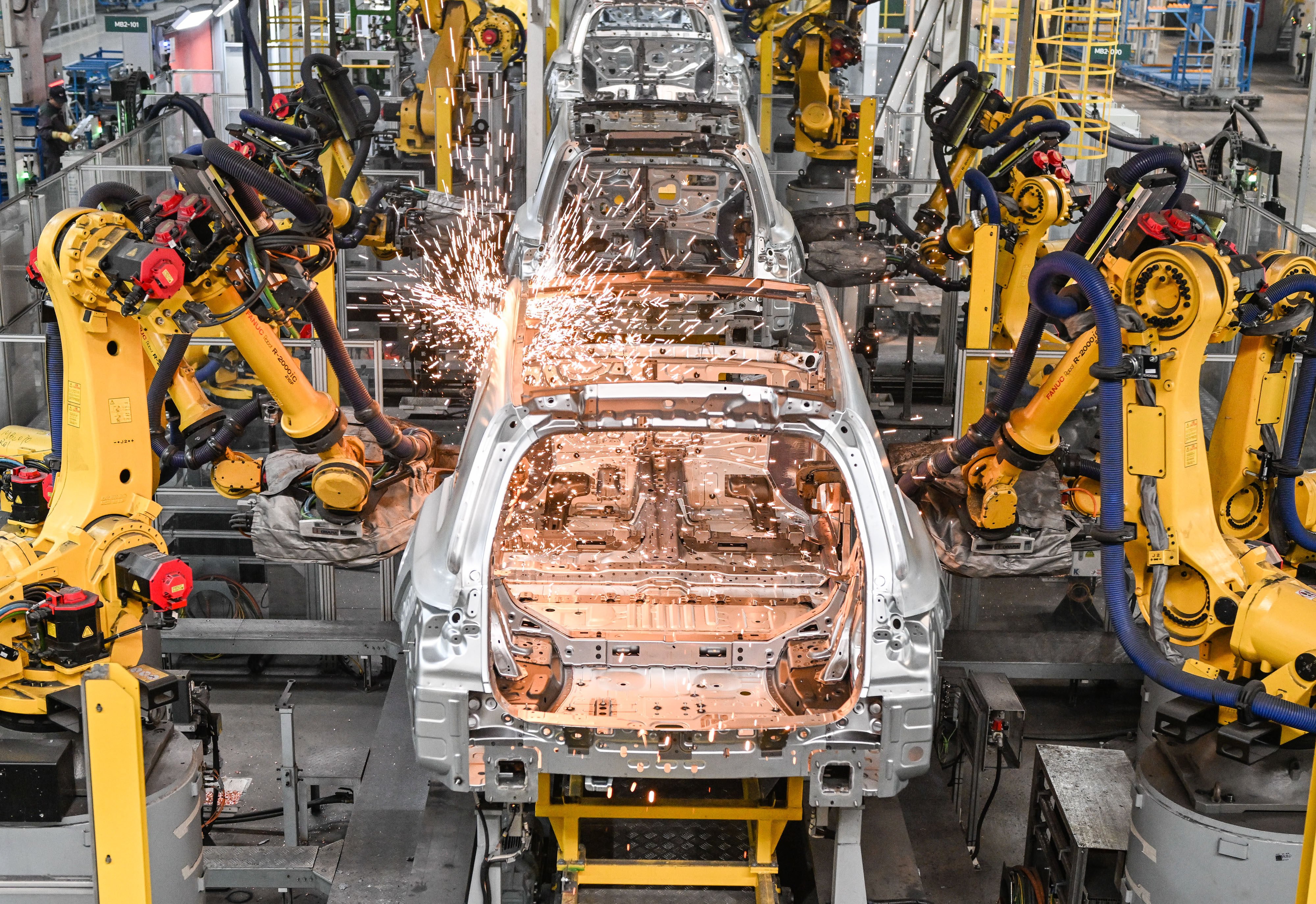 Robots weld car bodies at a factory of Chinese electric vehicle maker Li Auto in Changzhou, in eastern China’s Jiangsu province, on January 10, 2024. Photo: Xinhua