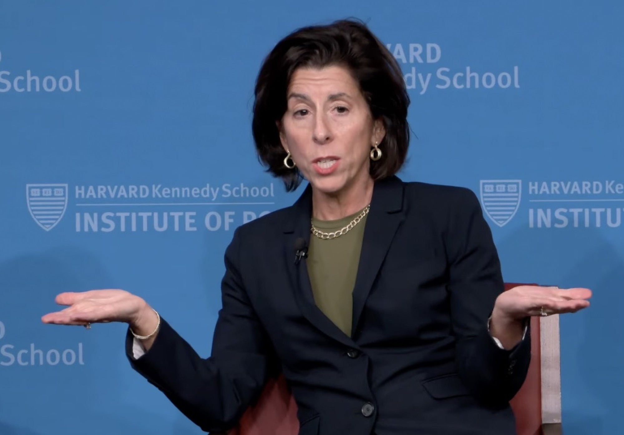 Former US Commerce Secretary Gina Raimondo during a talk at the Harvard Kennedy School on Tuesday. Photo: YouTube Former US Commerce Secretary Gina Raimondo during a talk at the Harvard Kennedy School on Tuesday. Photo: YouTube