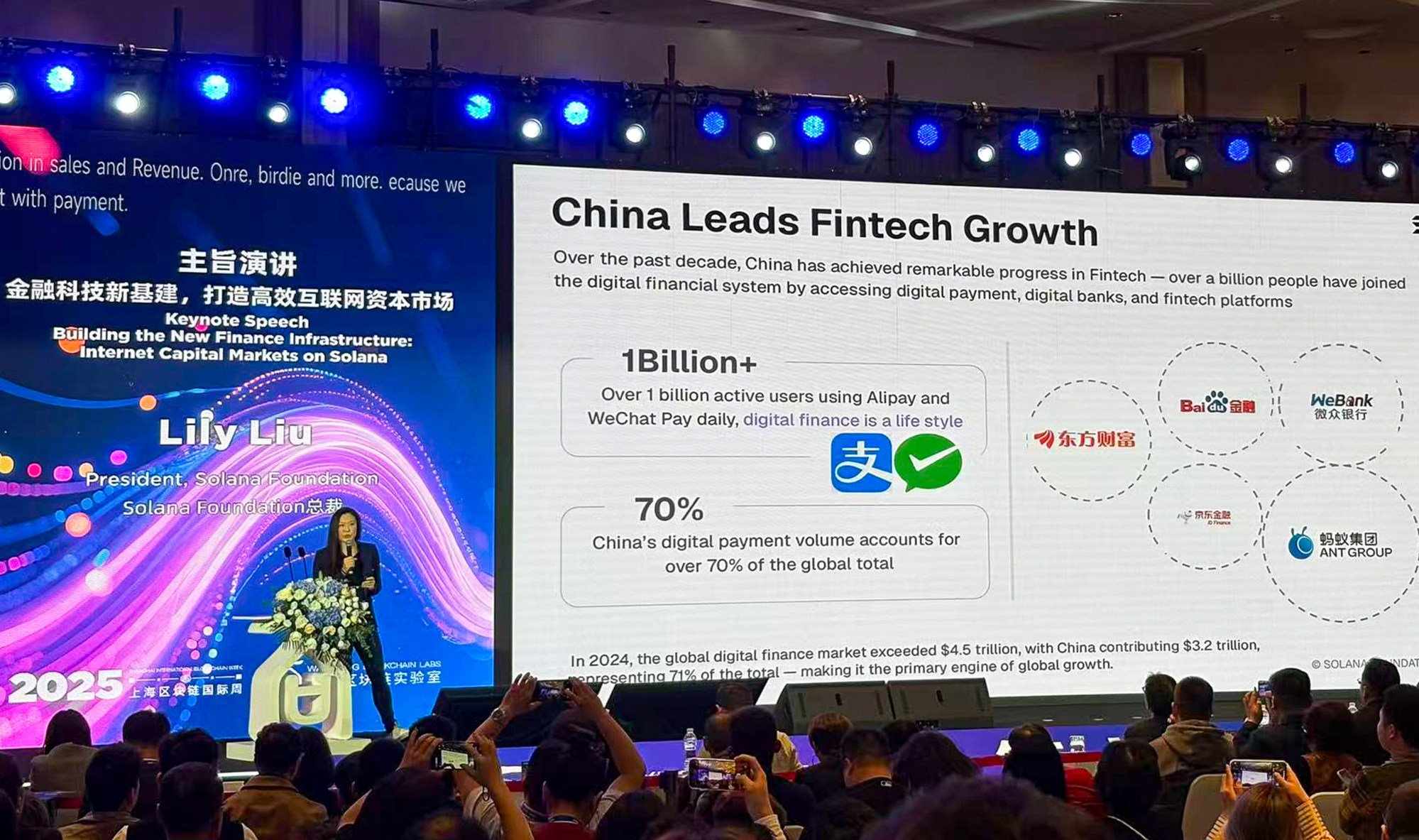 Lily Liu, president of the Solana Foundation, highlighted the importance of China’s fintech market during the 11th Global Blockchain Summit in Shanghai. Photo: Ann Cao