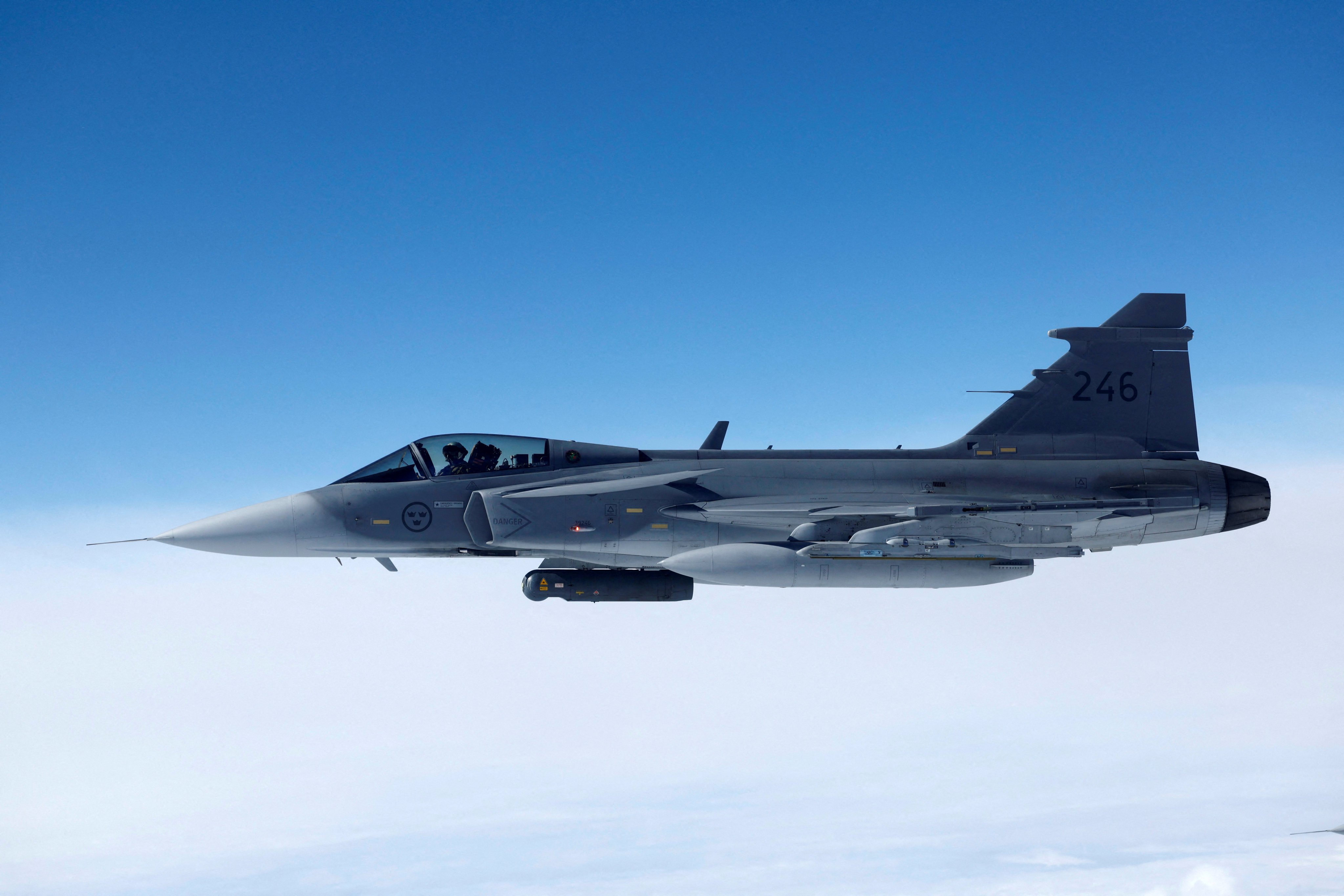 A Swedish Air Force Gripen fighter plane takes part in a media demonstration in July 2023. Photo: Reuters