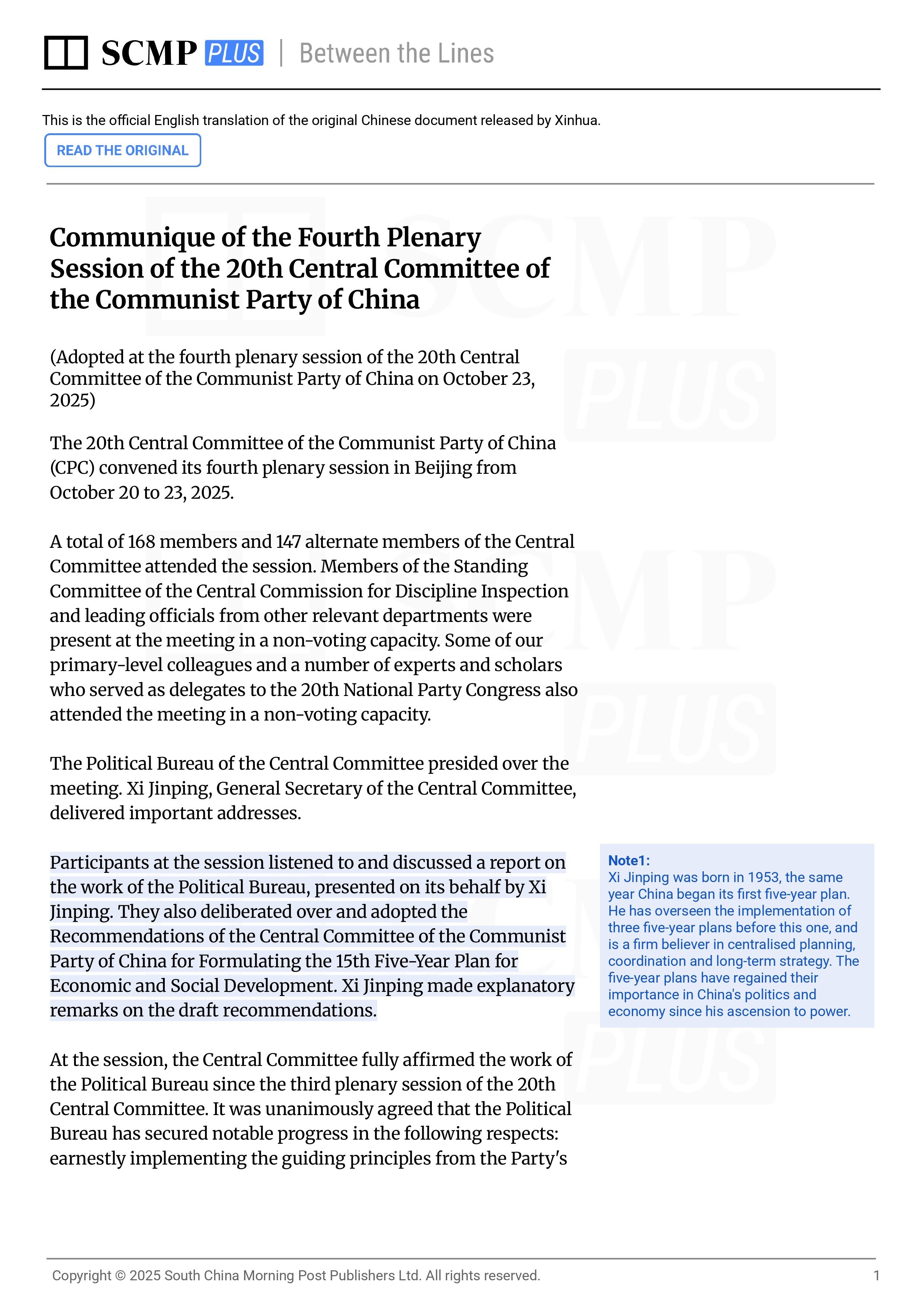 China’s fourth plenum communique