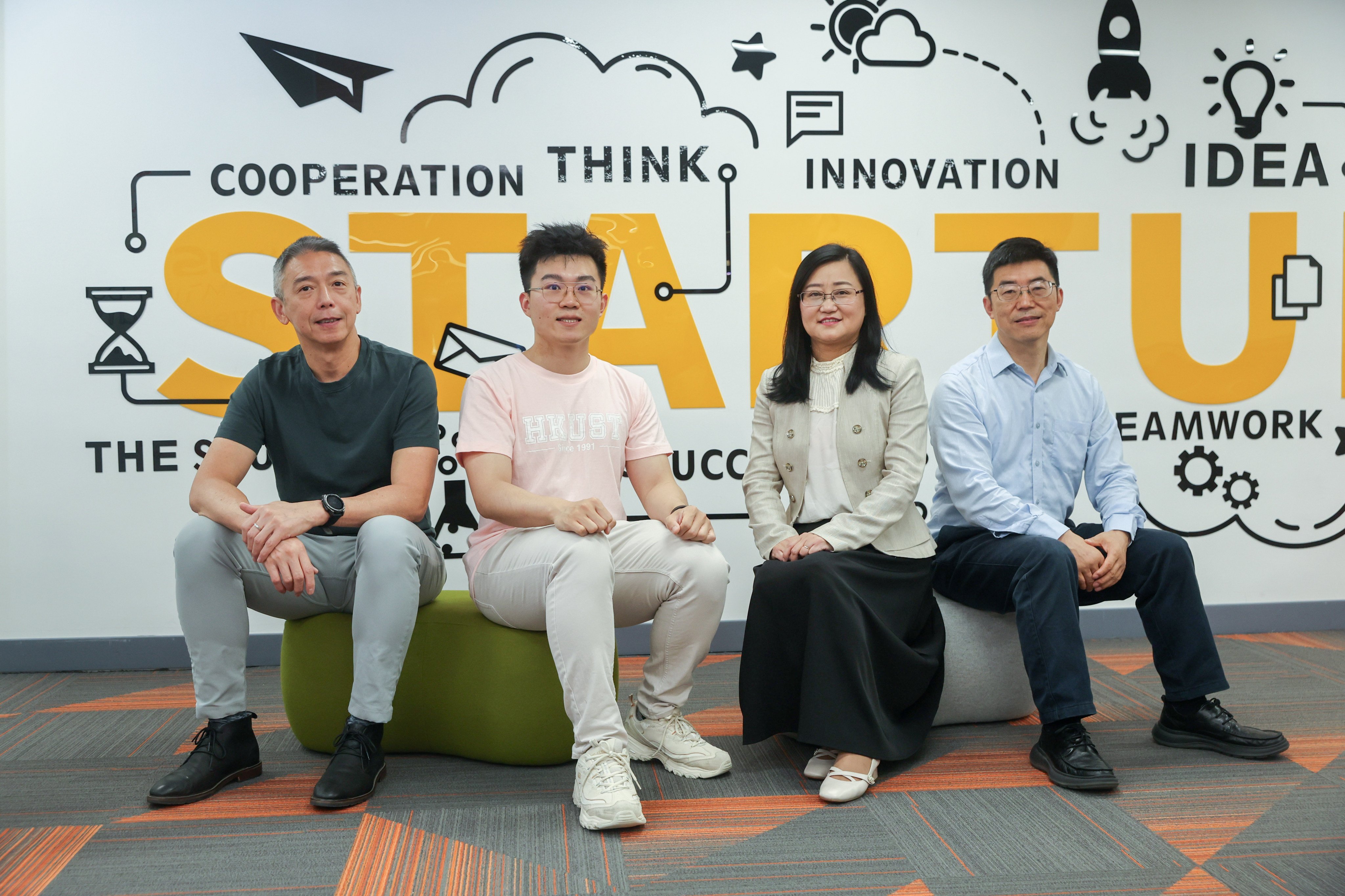 (From left) Stellerus Technology vice-chairman and CEO David Liu, chief technology officer Jeffrey Xu,  chairwoman and co-founder Su Hui and HKUST’s director of digital cities and smart hazard mitigation laboratory Limin Zhang. Photo: Edmond So