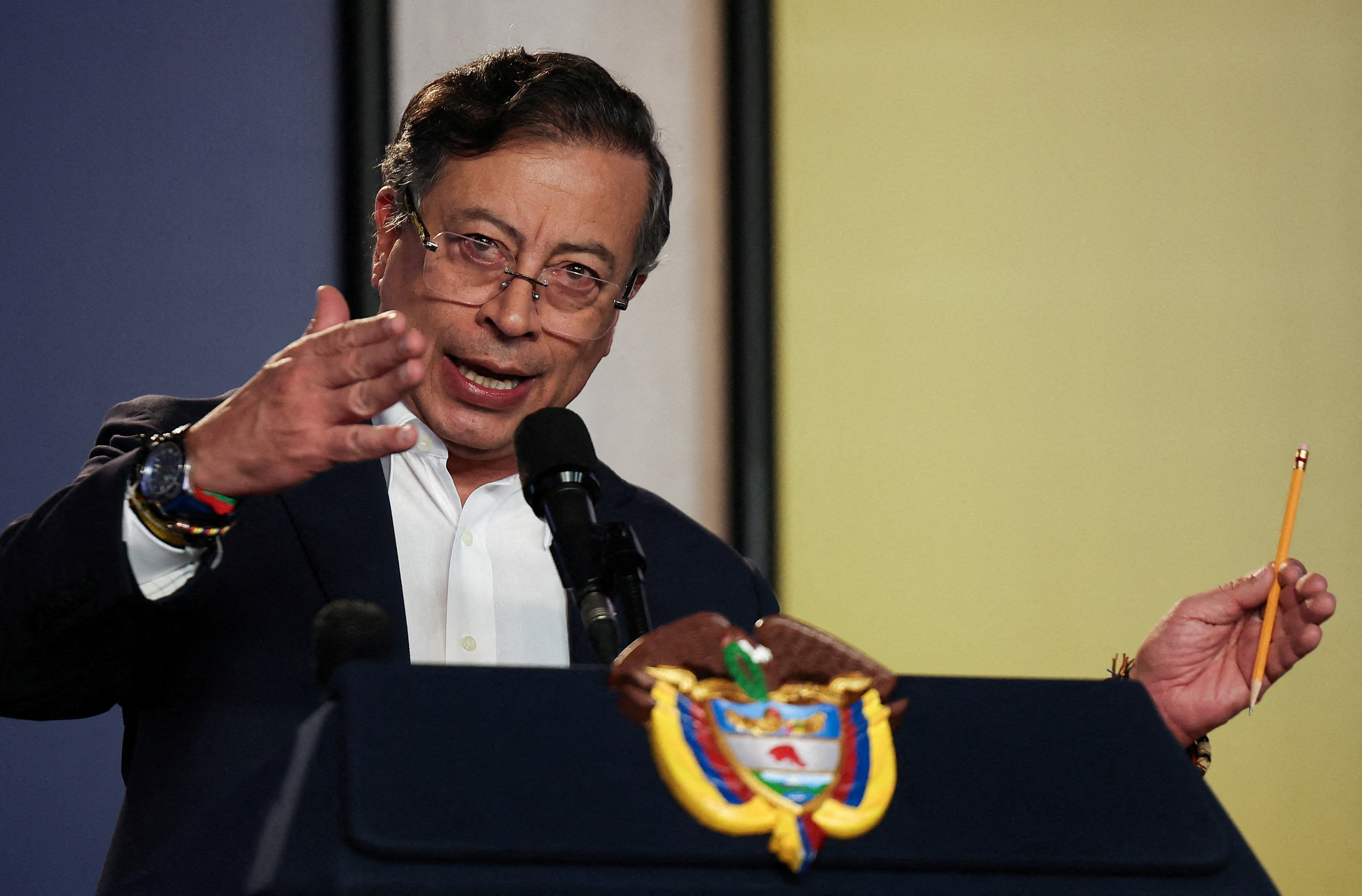 Colombian President Gustavo Petro speaks during a press conference in Bogota on Thursday. Photo: Reuters