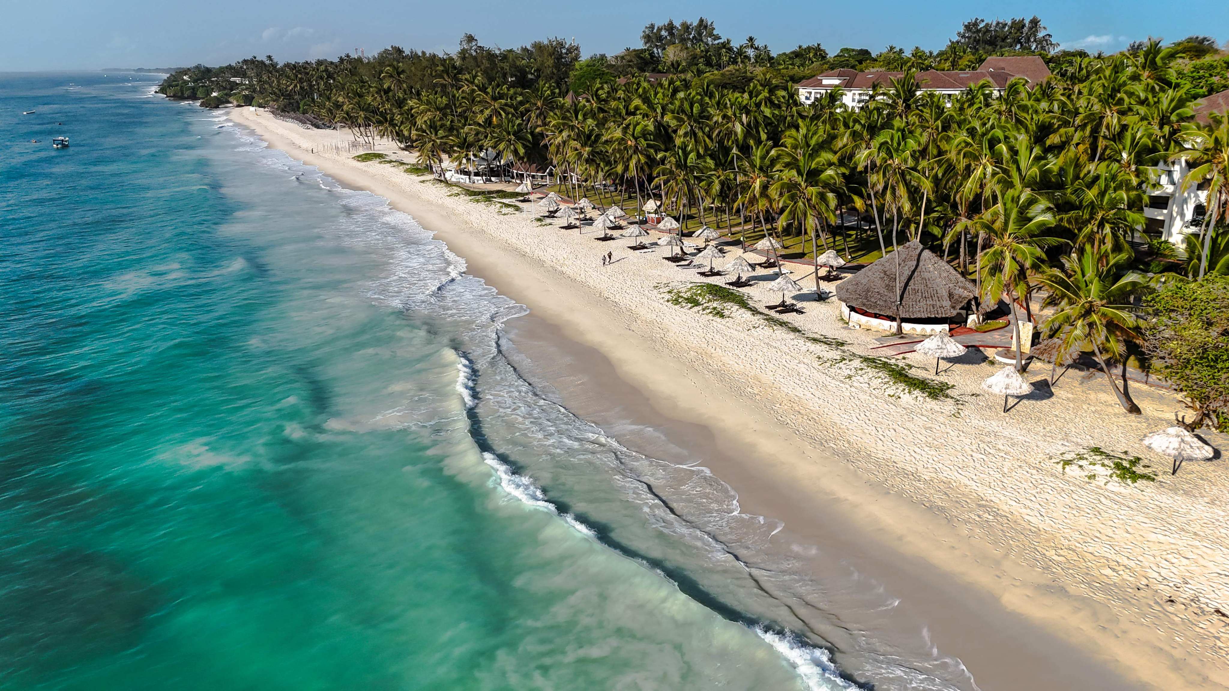 An aerial view of the coastal beach of Diani, a popular holiday destination, located 55km northwest of the Mrima Hill forest in Kenya. Photo: AFP