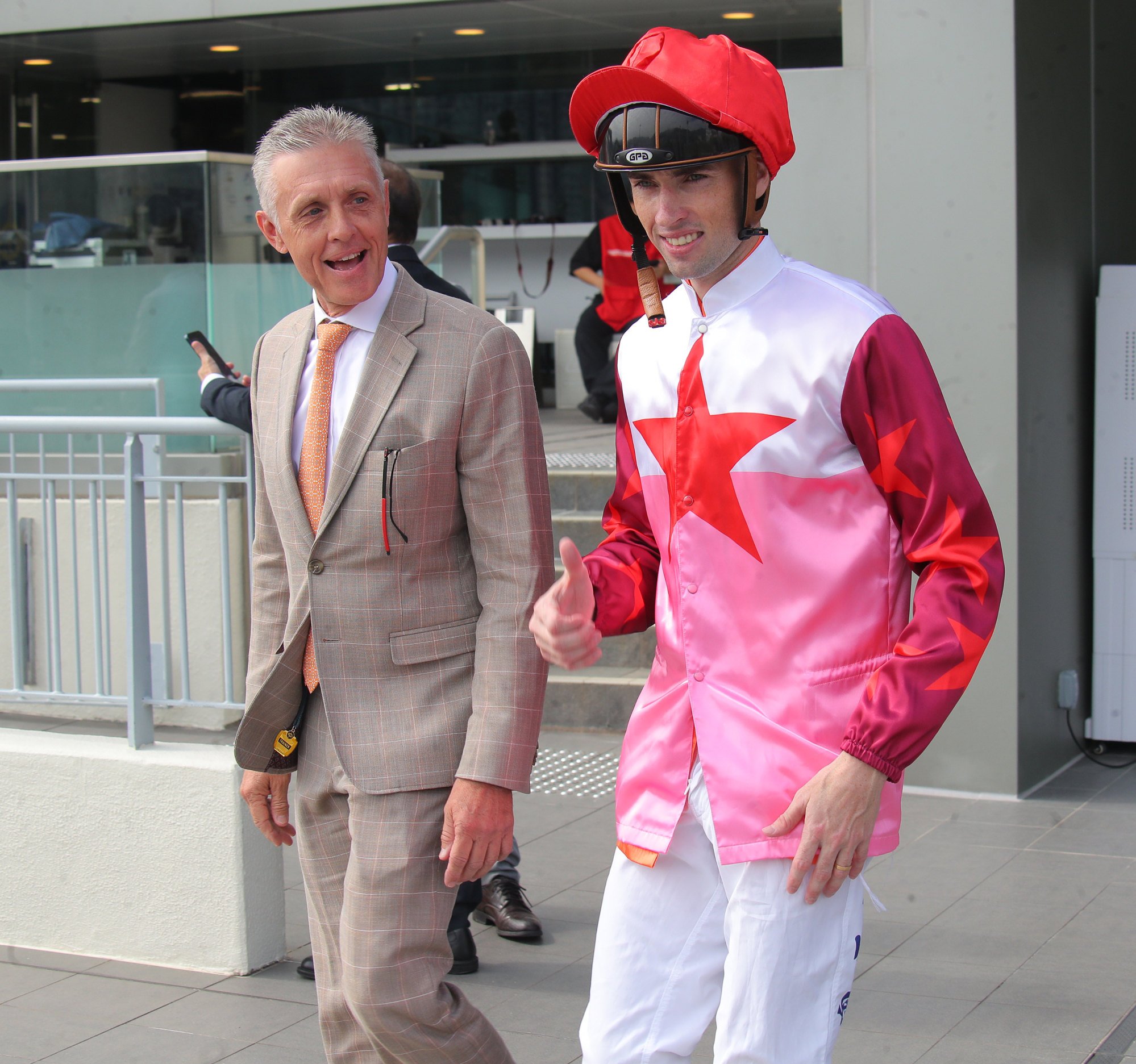 Trainer Mark Newnham and jockey James Orman emerge elated after Ever Luck survives Sunday’s protest.