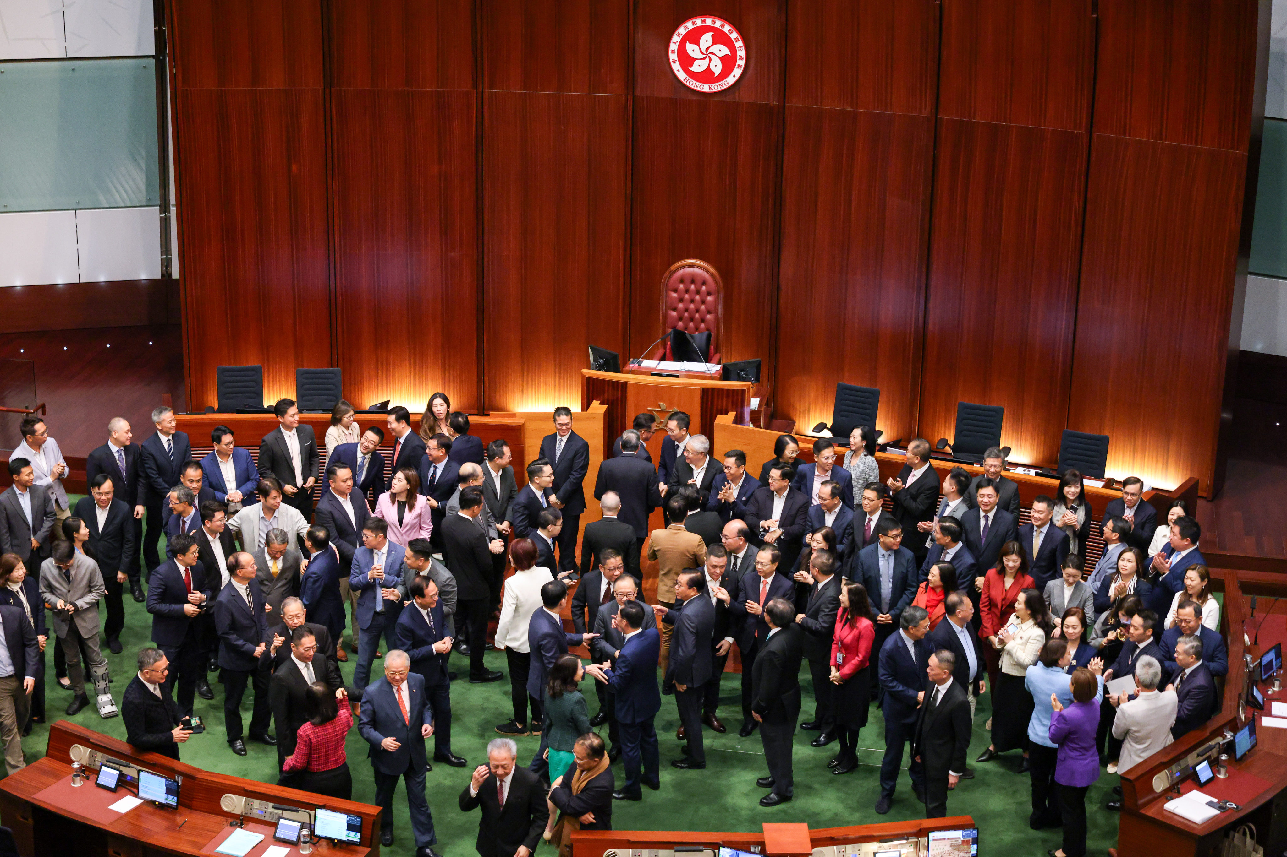 Lawmakers gather for a group photo with outgoing Legco president Andrew Leung after last week’s end-of-term final meeting. Photo: Nora Tam