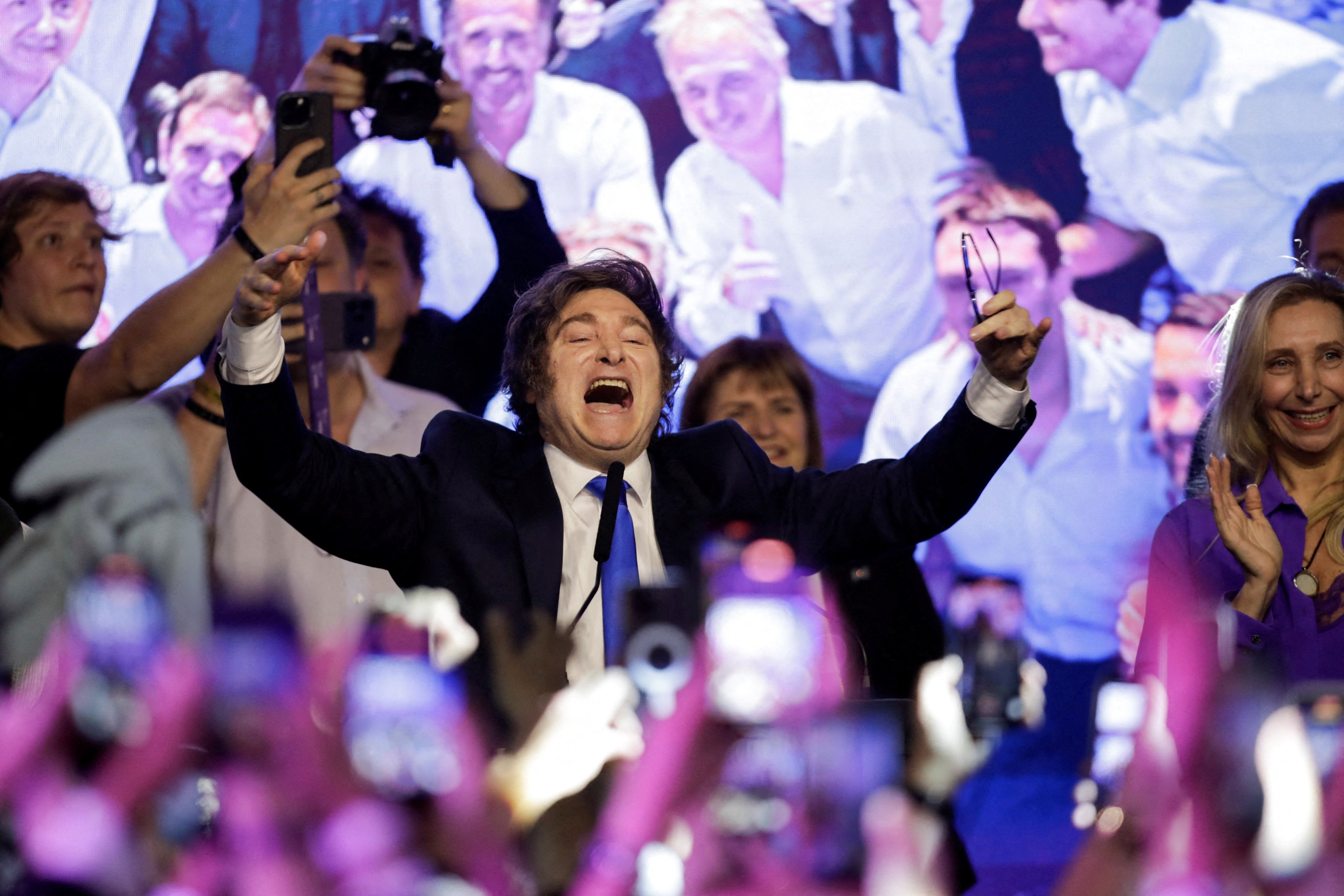 Argentina’s President Javier Milei celebrates after the La Libertad Avanza party won the midterm elections. Photo: Reuters