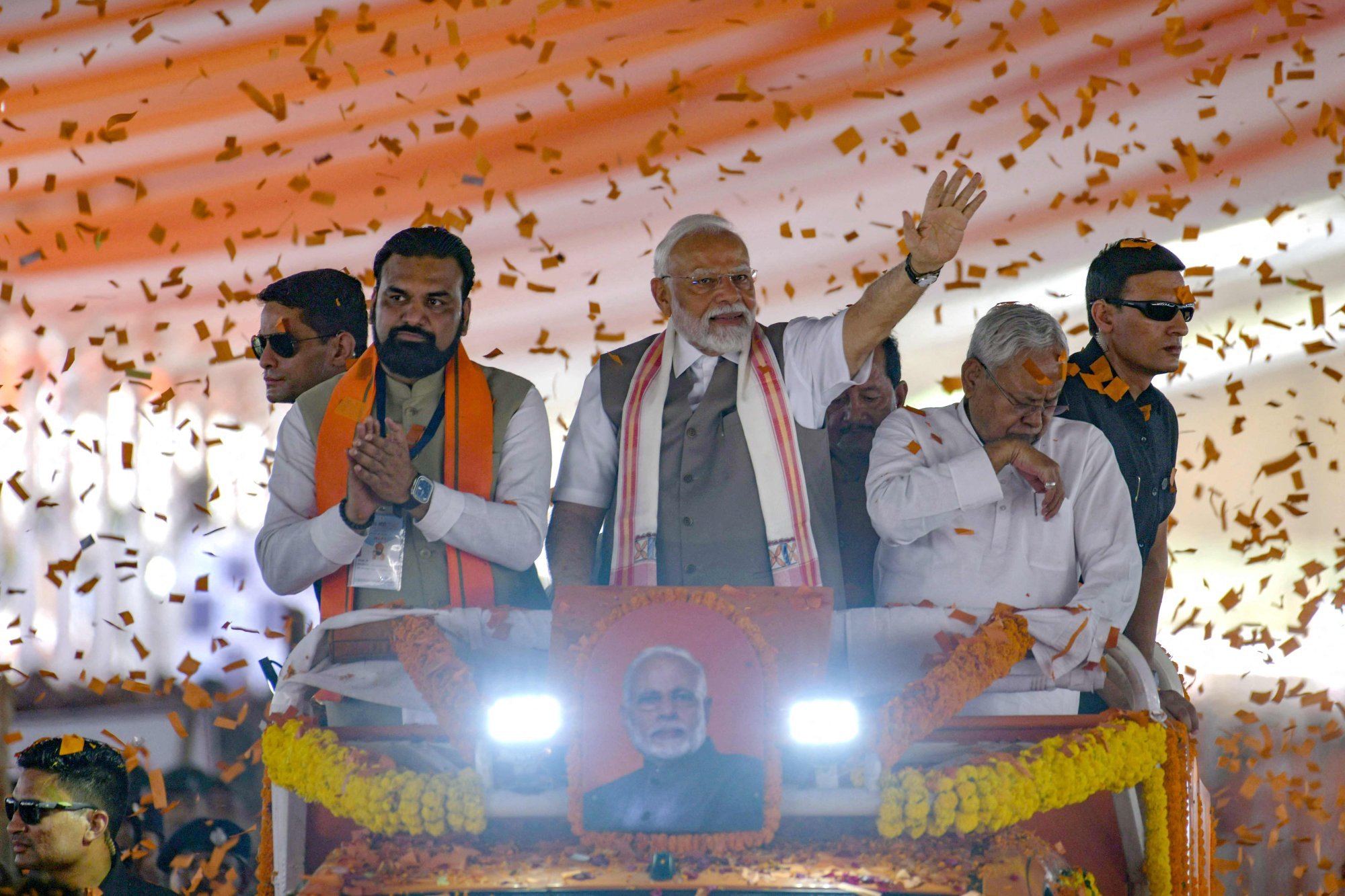India’s Prime Minister Narendra Modi (centre) waves to supporters during a public meeting in Bihar on May 30. Bihar state polls are due to be held in two phases on November 6 and 11. Photo: AFP India’s Prime Minister Narendra Modi (centre) waves to supporters during a public meeting in Bihar on May 30. Bihar state polls are due to be held in two phases on November 6 and 11. Photo: AFP