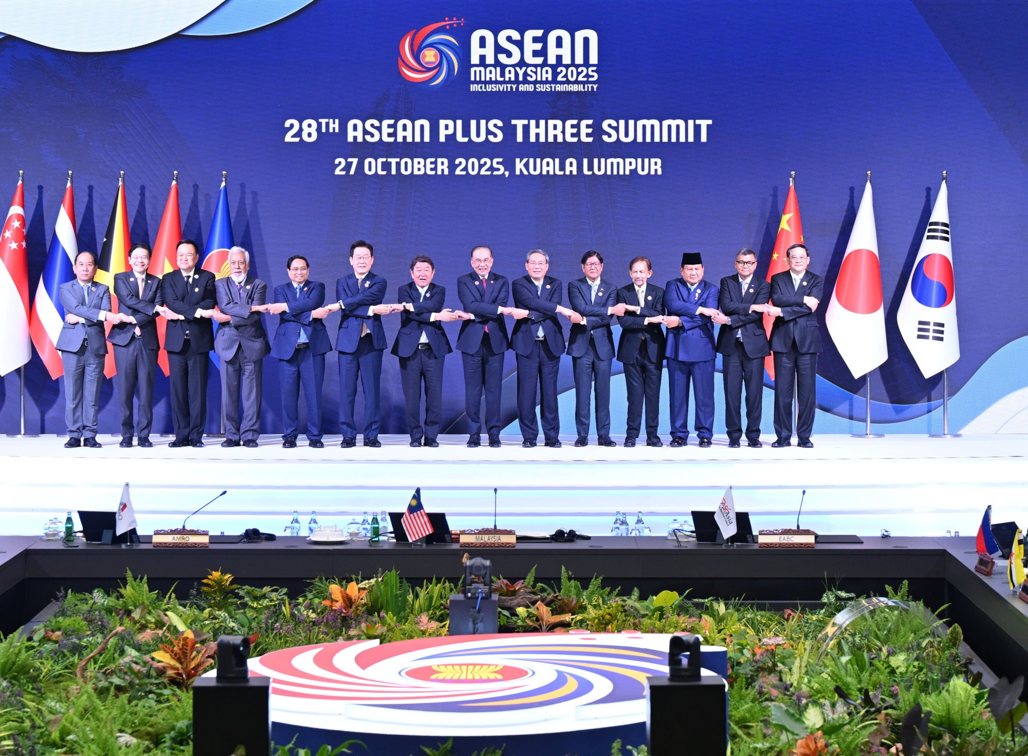 A summit of Asean+3 leaders pose for a photo in Kuala Lumpur on Monday. Photo: Xinhua A summit of Asean+3 leaders pose for a photo in Kuala Lumpur on Monday. Photo: Xinhua