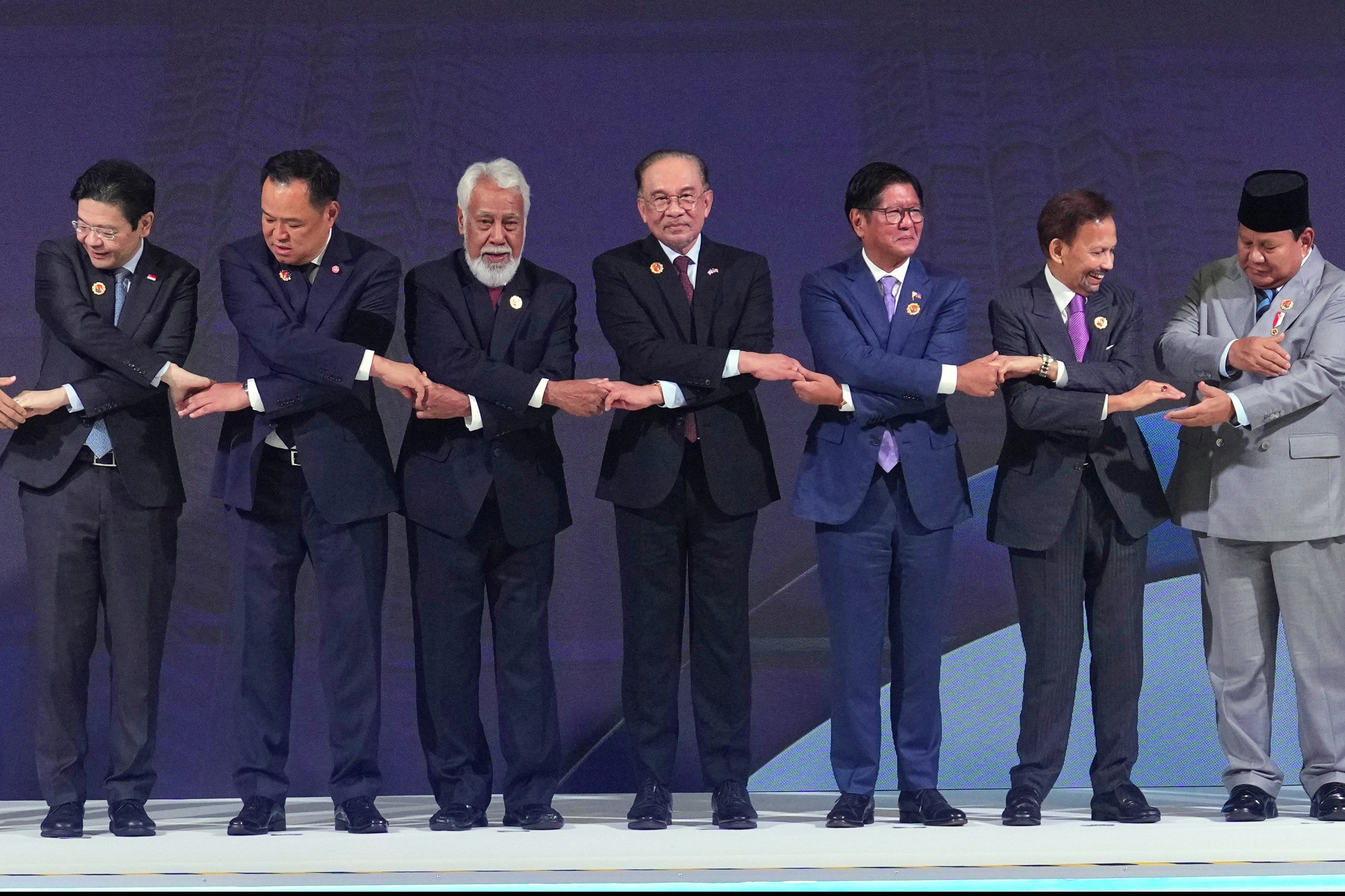 RTM misidentifies Singapore’s Prime Minister Lawrence Wong (left), Thailand’s Prime Minister Anutin Charnvirakul (second left) and Indonesian President Prabowo Subianto (right) during a live broadcast on Sunday. Photo: AP
