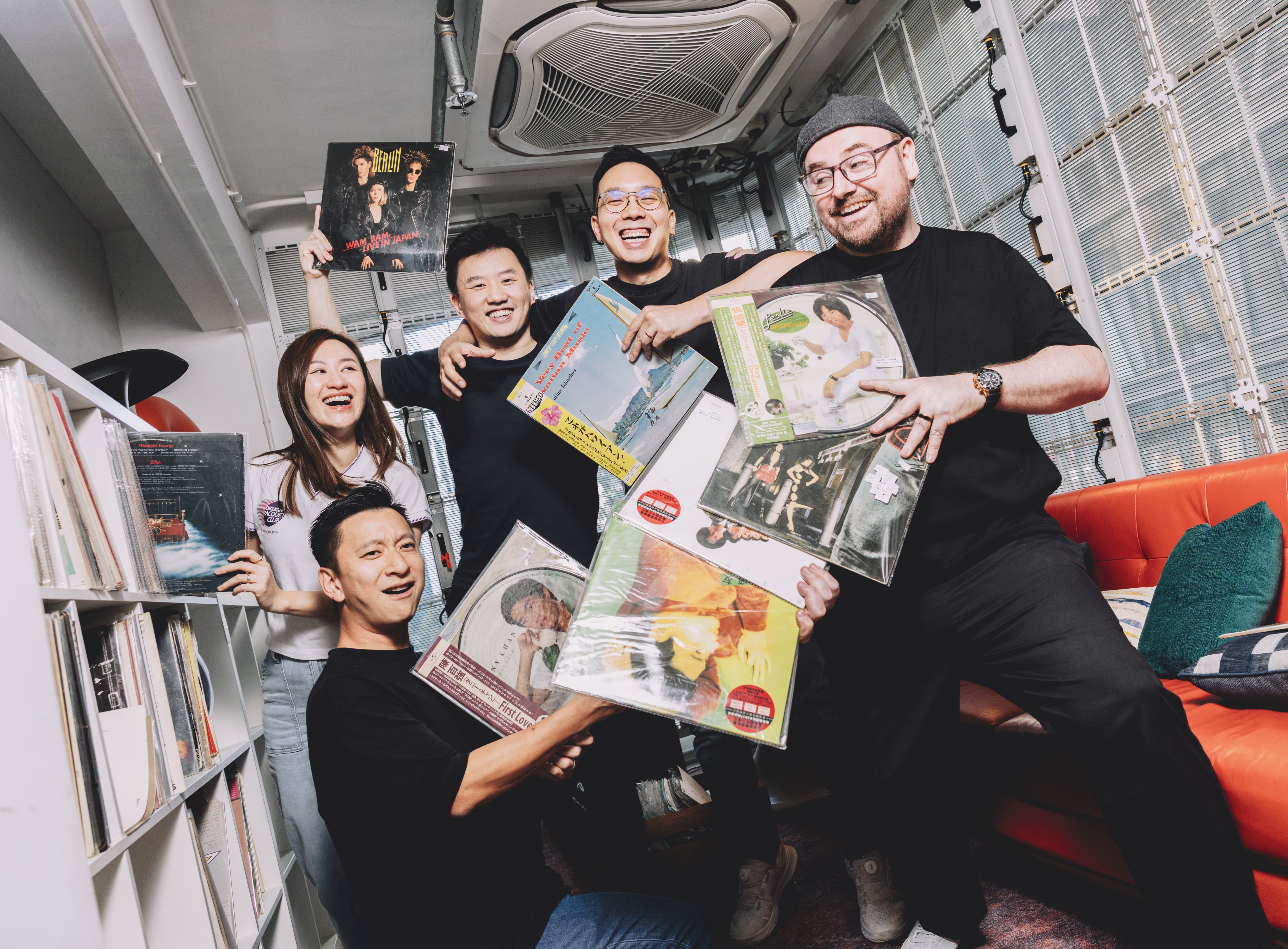 Rob Deal (far right), owner of the Wake Concept Listening Room in Hong Kong, with Wake Concept’s Anson Ma (far left), Brian Lee (bottom left), Alex Fung (centre) and Lawrence Chiu. Photo:  Jocelyn Tam