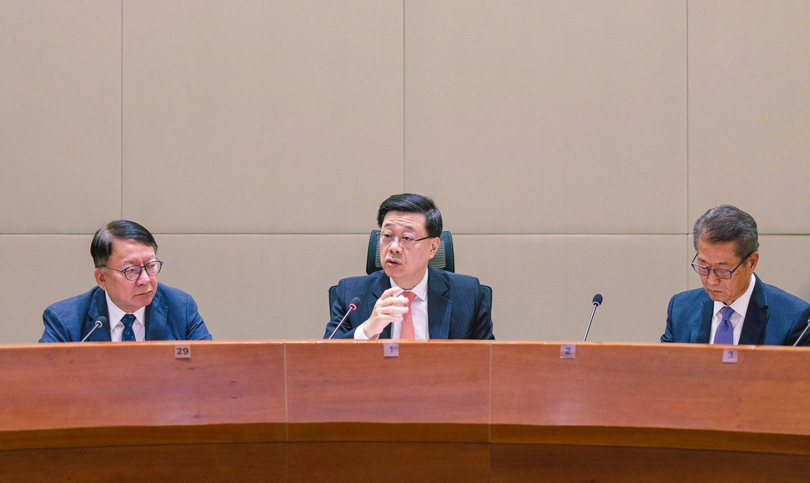 City leader John Lee (centre) chaired a high-level meeting with top officials on Monday to study the “spirit” of the fourth plenum. Photo: Handout