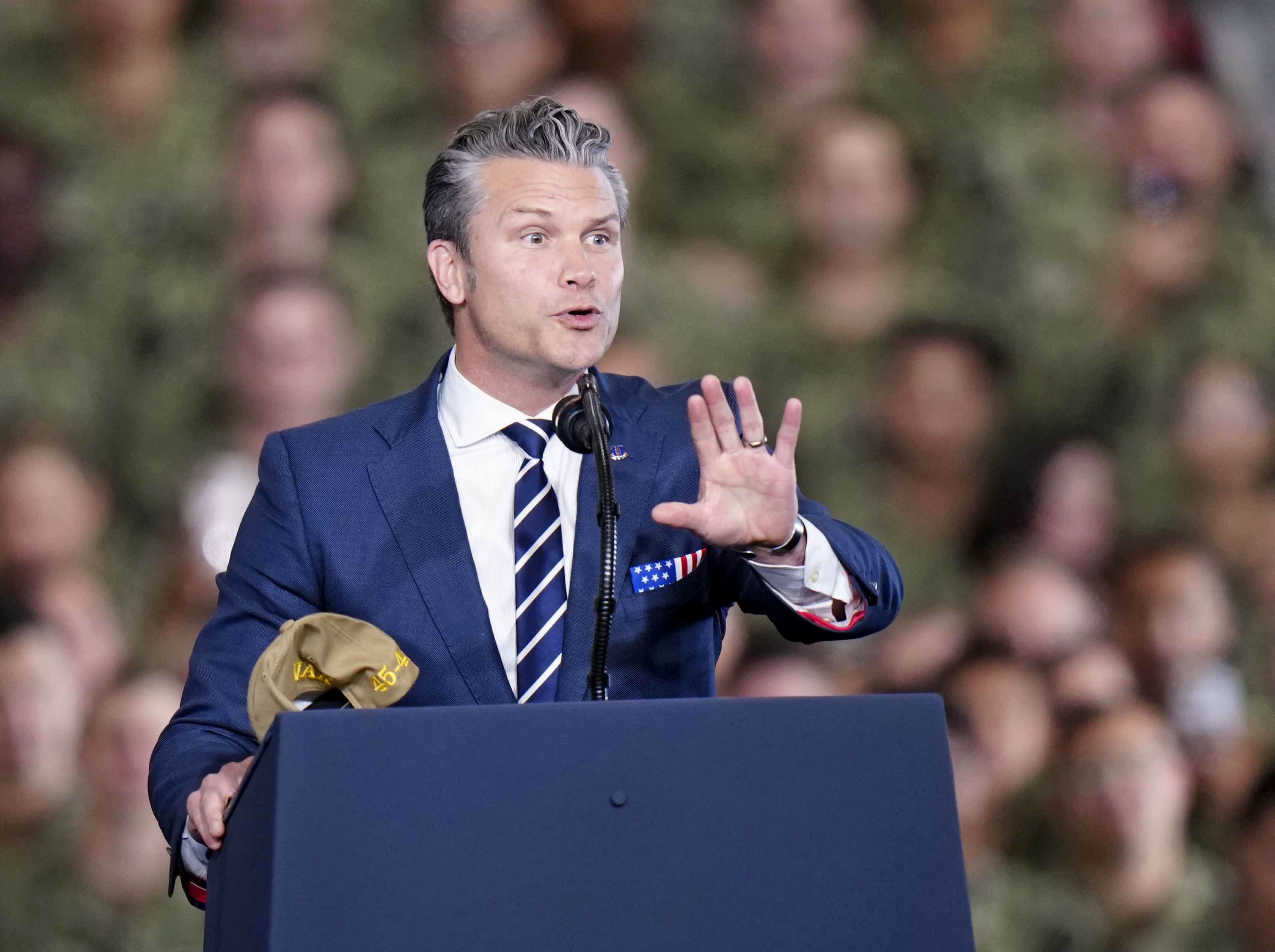 US Secretary of Defence Pete Hegseth makes a speech aboard the aircraft carrier George Washington in Japan on Tuesday. Photo: 
Kyodo