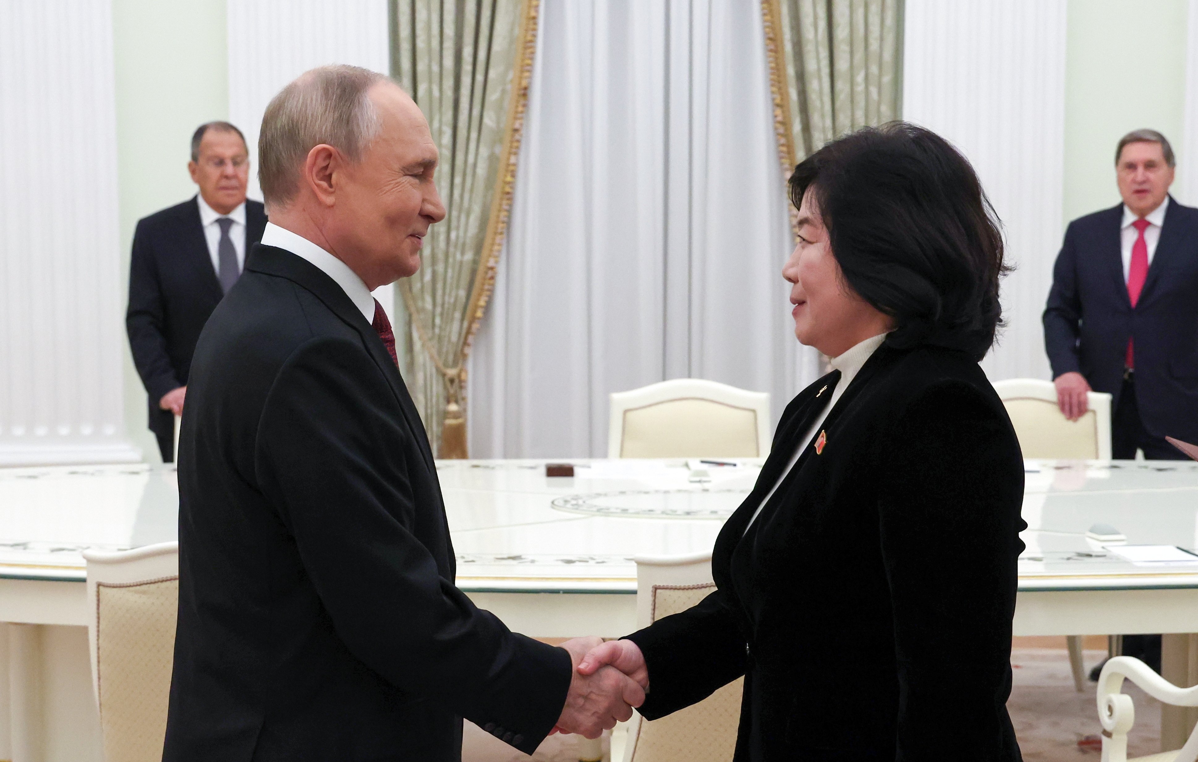 President Vladimir Putin meets North Korean Foreign Minister Choe Son-hui in Moscow on Monday. Photo: EPA