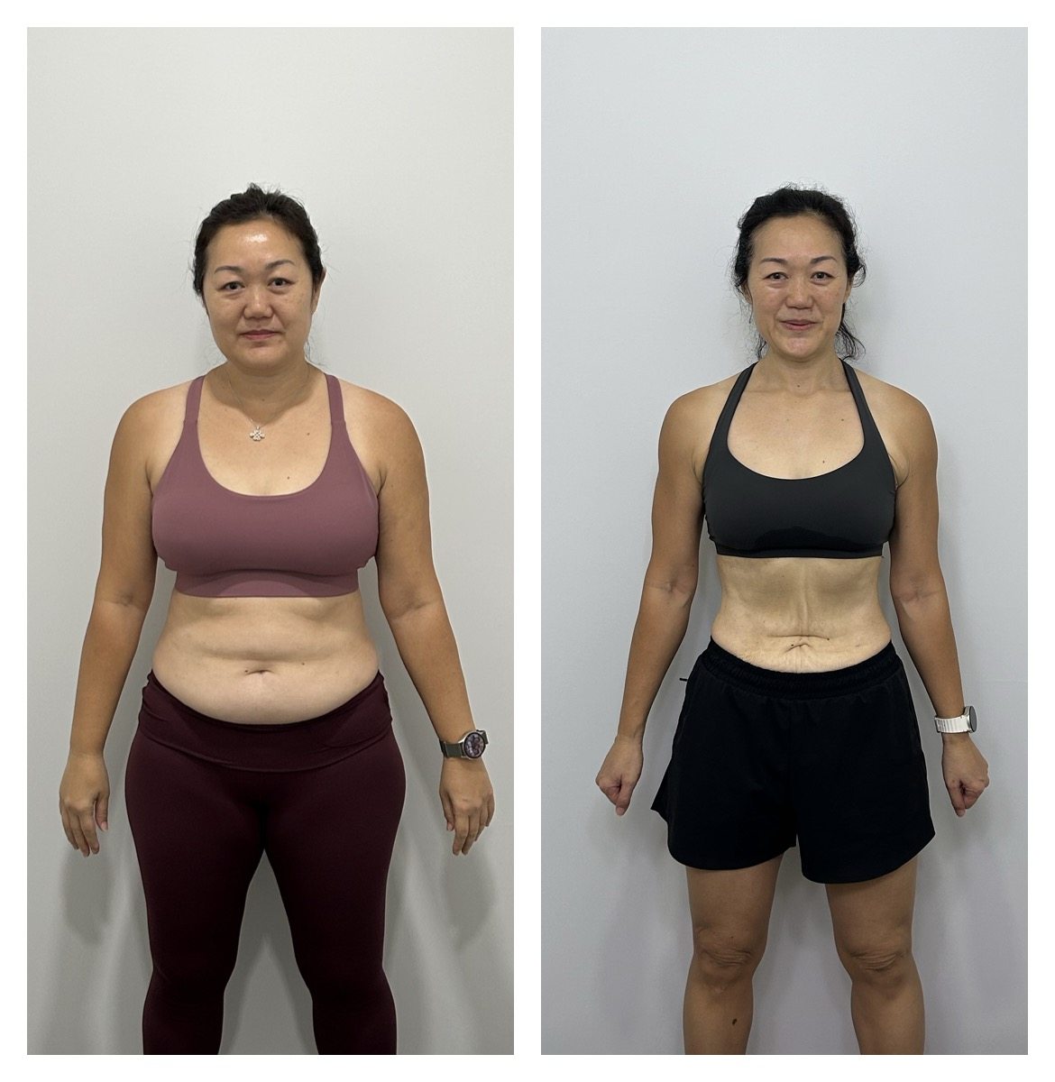 Terri Cheong saw her weight fall 19kg from February 2025 (left) to September 2025 (right) through strength training and a diet overhaul. Photo: Ultimate Performance