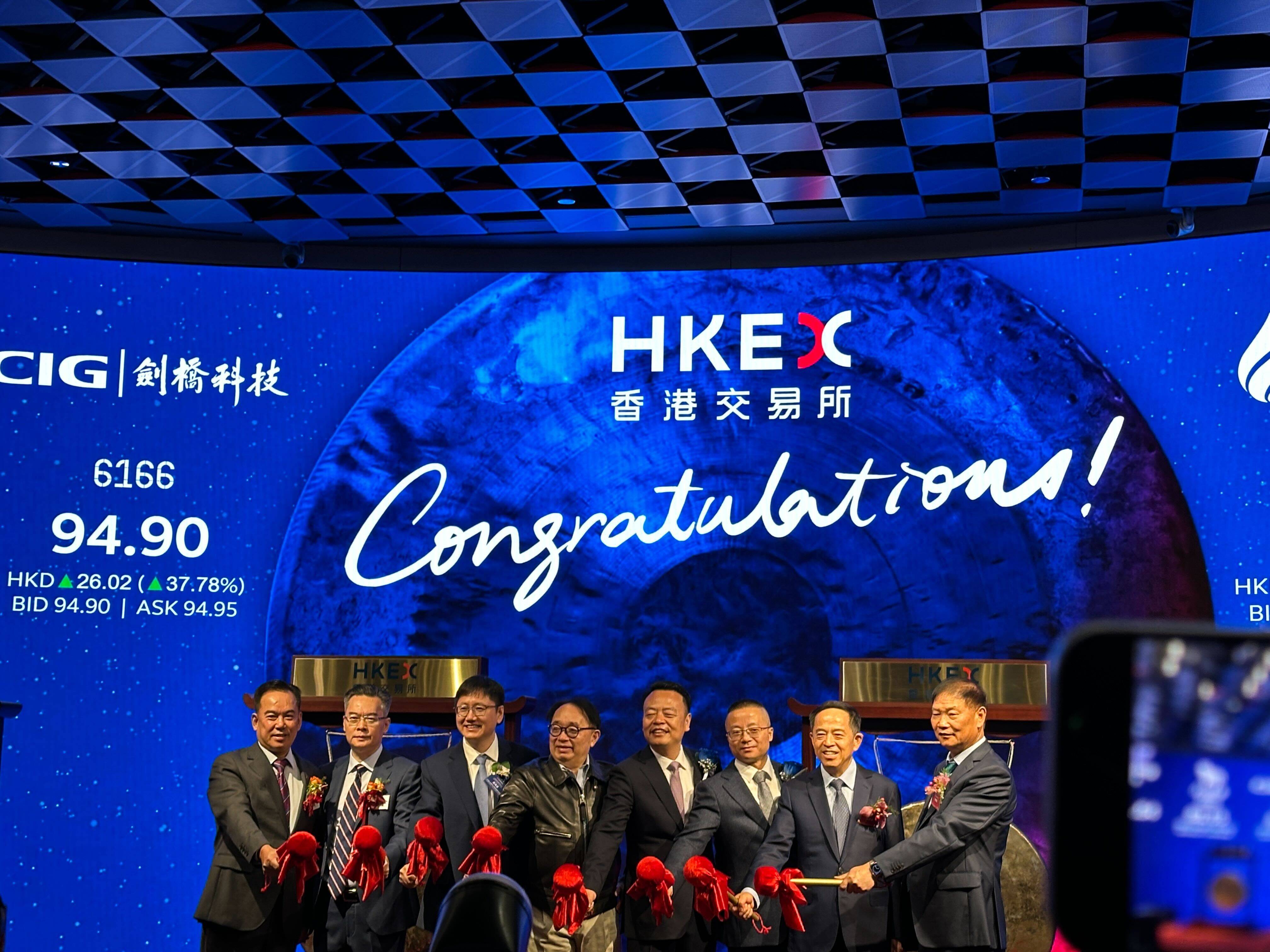 Executives of four companies at the listing ceremony of their stocks on October 28, 2025 in Hong Kong, marking the busiest debut day for the HKEX in four months. Photo: Aileen Chuang