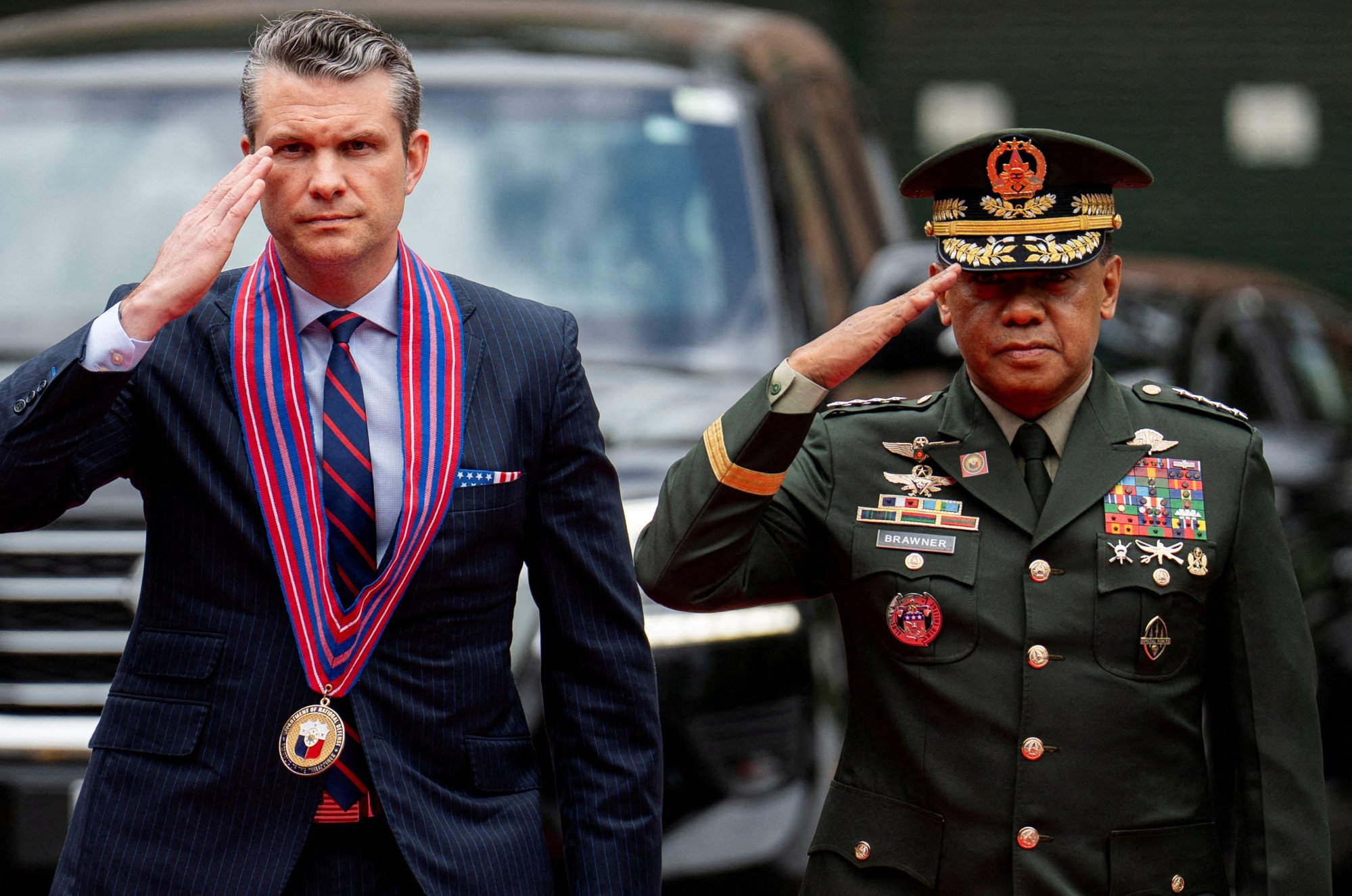 Philippine Armed Forces Chief of Staff Romeo Brawner Jnr (right) accompanies US Defence Secretary Pete Hegseth at Camp Aguinaldo on March 28. Photo: Reuters Philippine Armed Forces Chief of Staff Romeo Brawner Jnr (right) accompanies US Defence Secretary Pete Hegseth at Camp Aguinaldo on March 28. Photo: Reuters