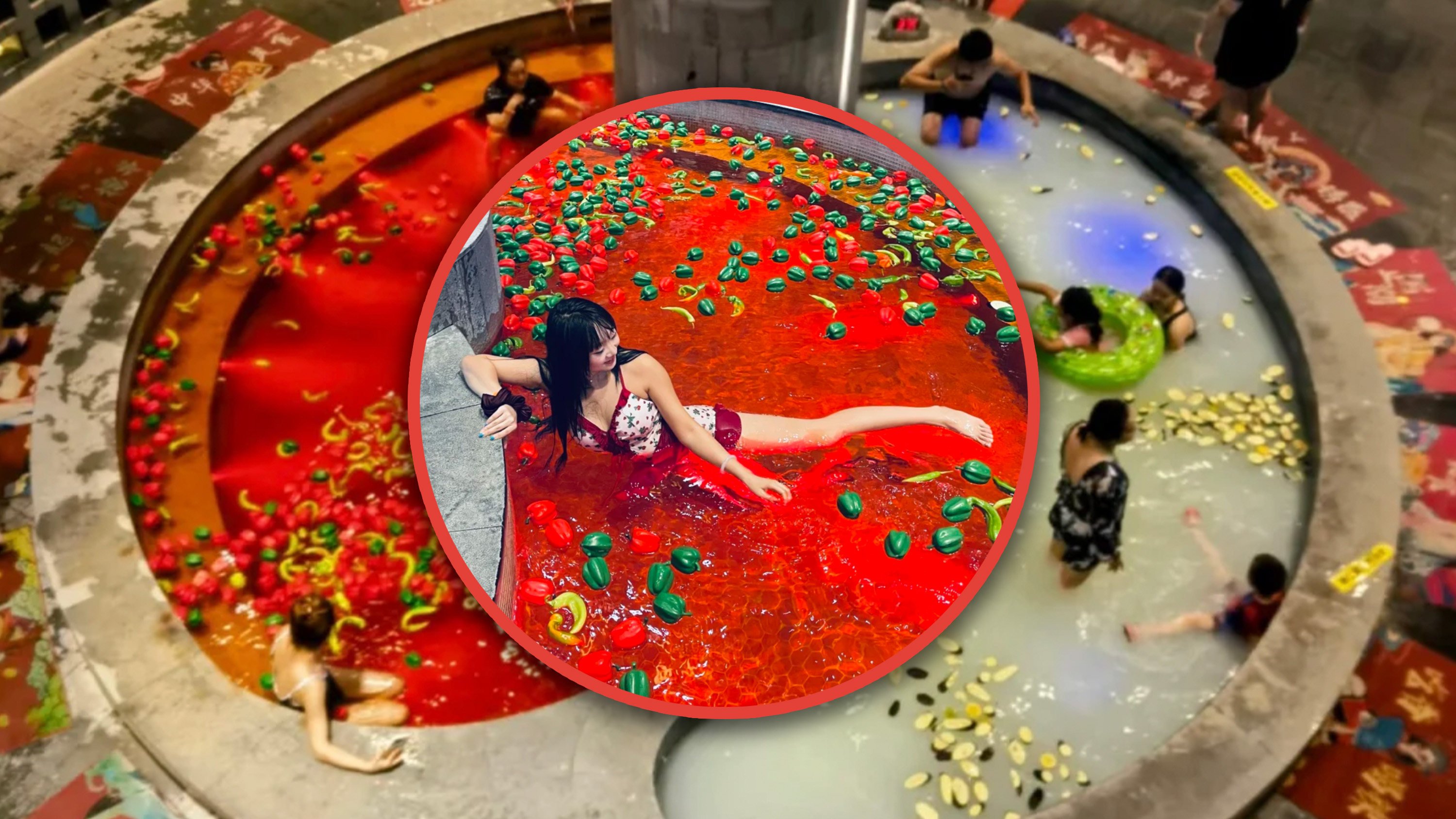 A bathhouse in China is offering a “hotpot bath” where visitors soak in chilli pepper “soup”, claiming the experience enhances circulation and beauty. Photo: SCMP composite/RedNote