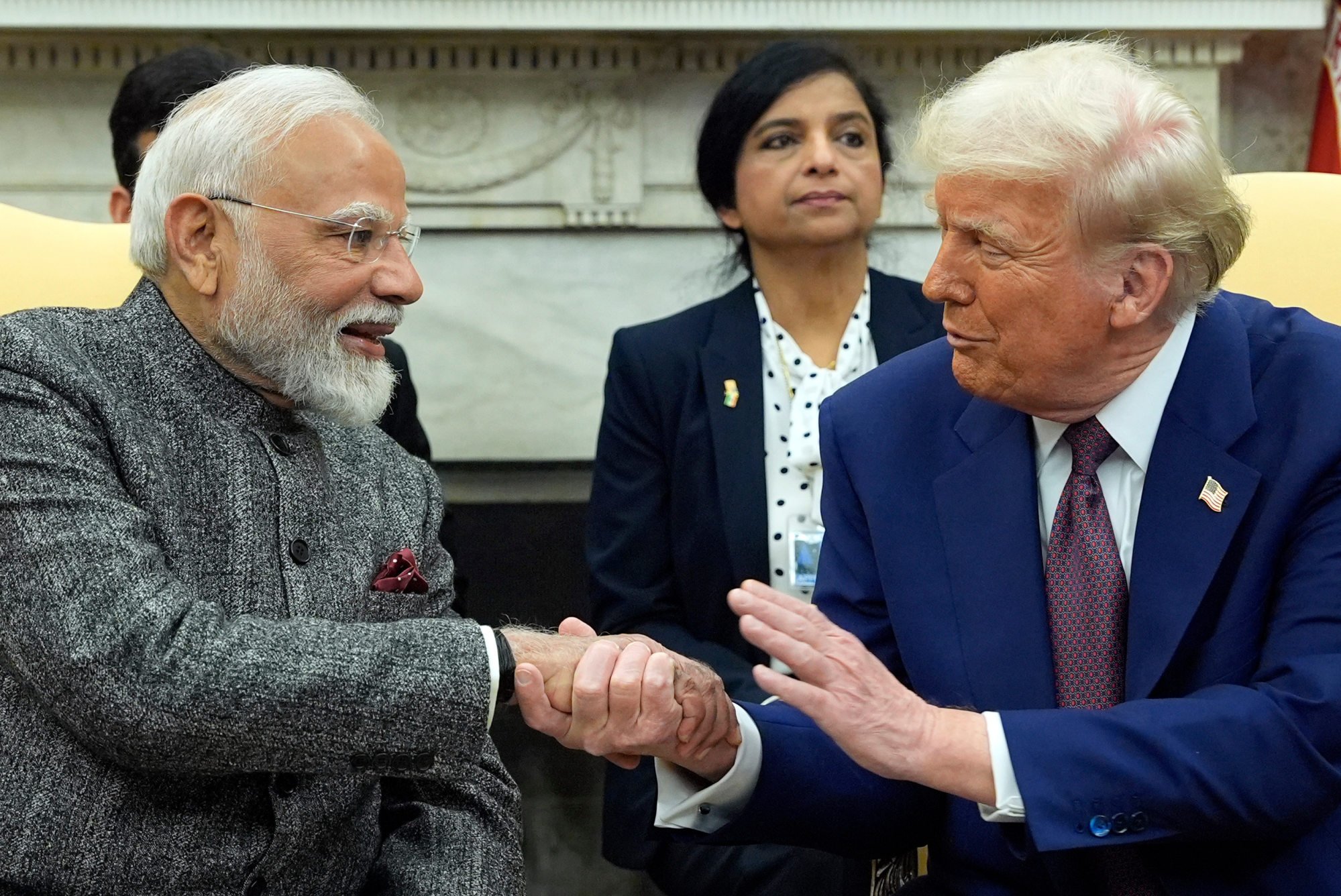 US President Donald Trump shakes hands with India’s Prime Minister Narendra Modi in the Oval Office in February. Photo: AP US President Donald Trump shakes hands with India’s Prime Minister Narendra Modi in the Oval Office in February. Photo: AP
